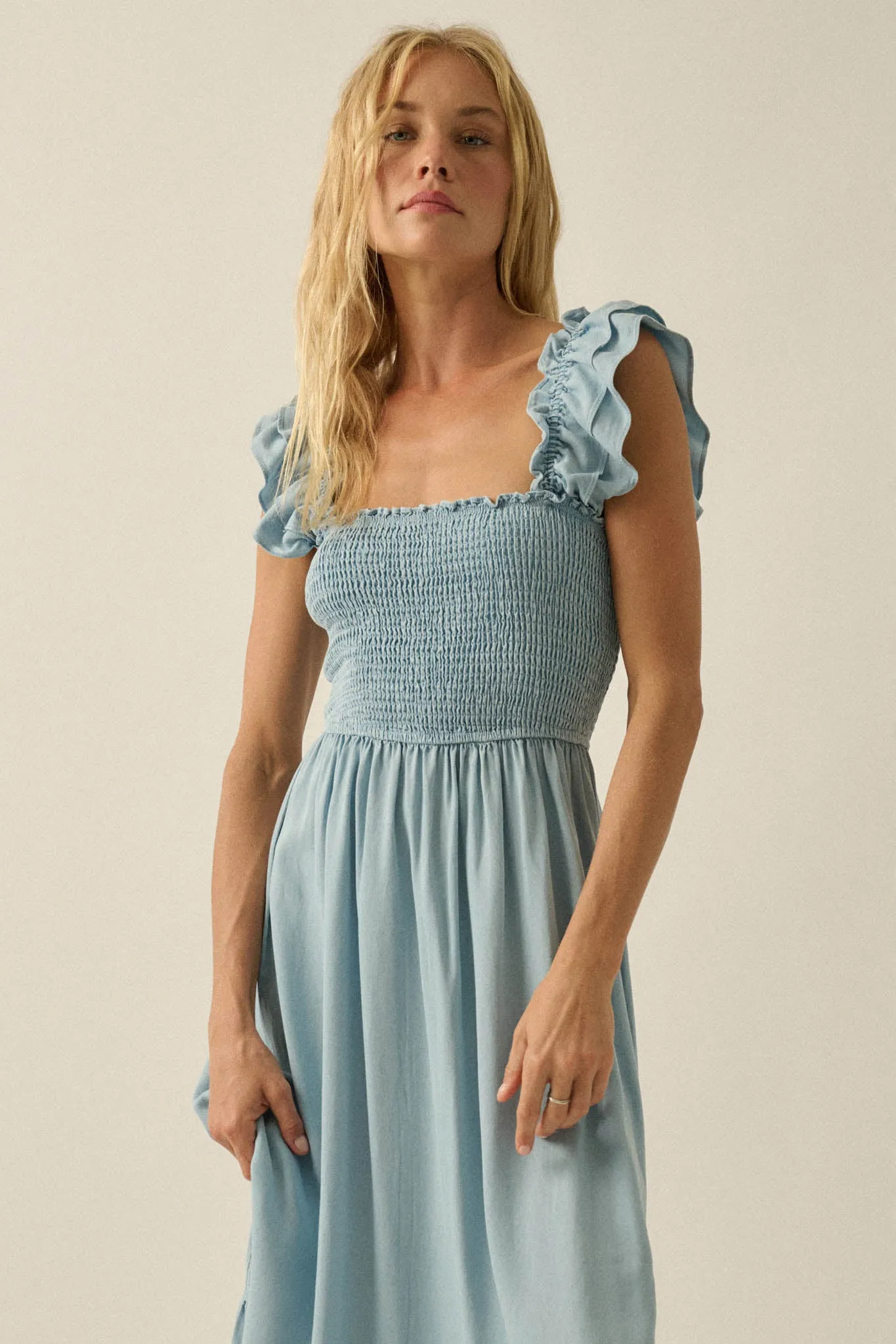 Chambray Sky Denim Smocked Ruffle Midi Dress sold by Promesa product image thumbnail 3