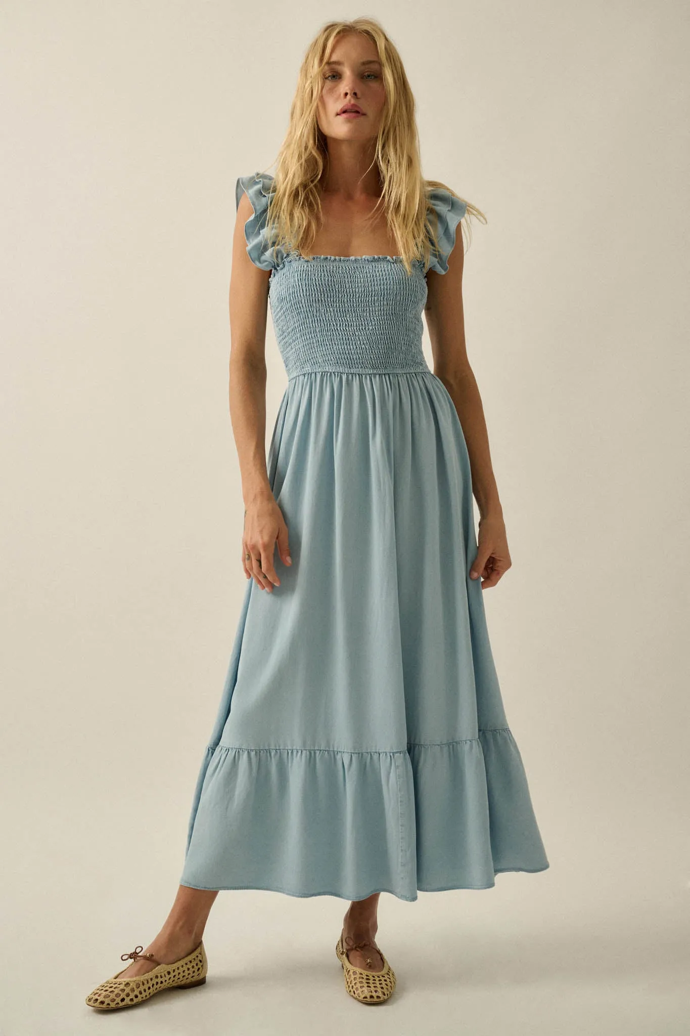 Chambray Sky Denim Smocked Ruffle Midi Dress sold by Promesa product image thumbnail 4