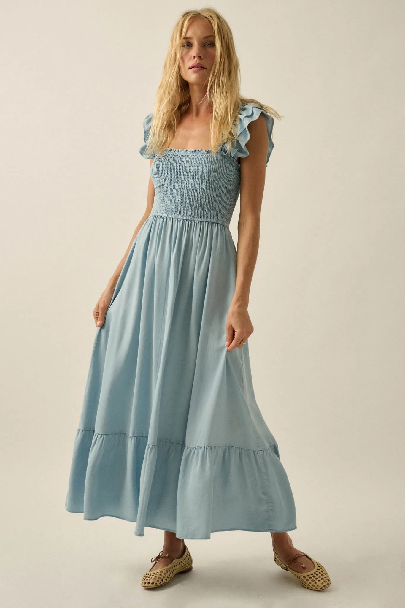Chambray Sky Denim Smocked Ruffle Midi Dress sold by Promesa
