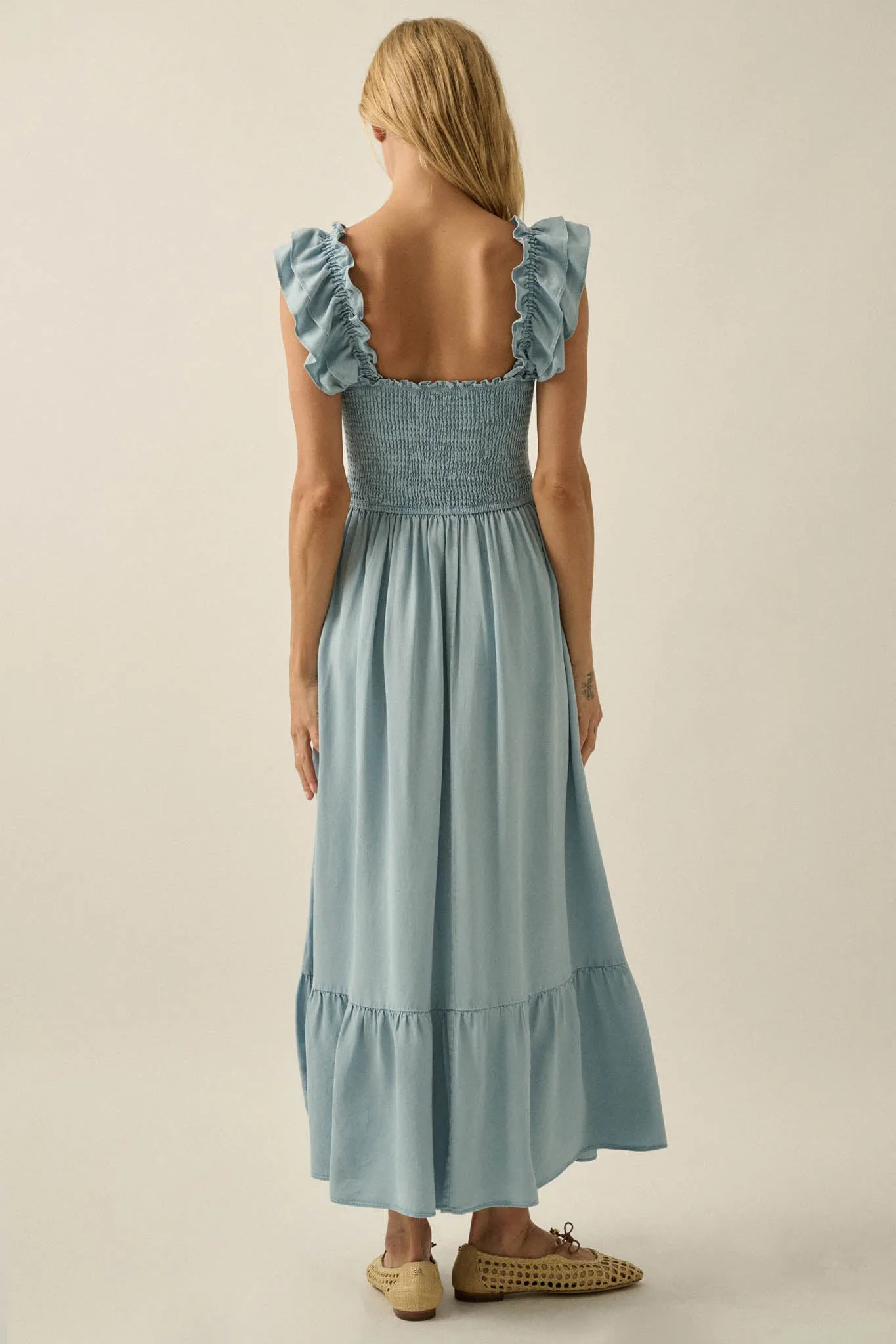 Chambray Sky Denim Smocked Ruffle Midi Dress sold by Promesa product image thumbnail 2