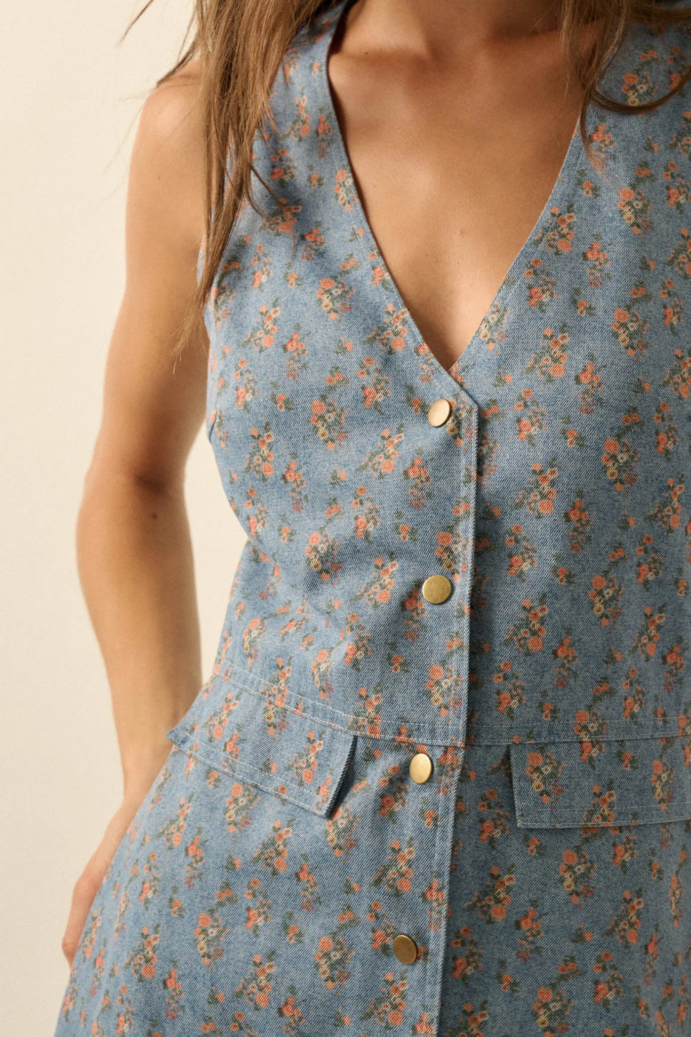 Twill Garden Floral-Print Denim Vest Romper sold by Promesa product image thumbnail 5