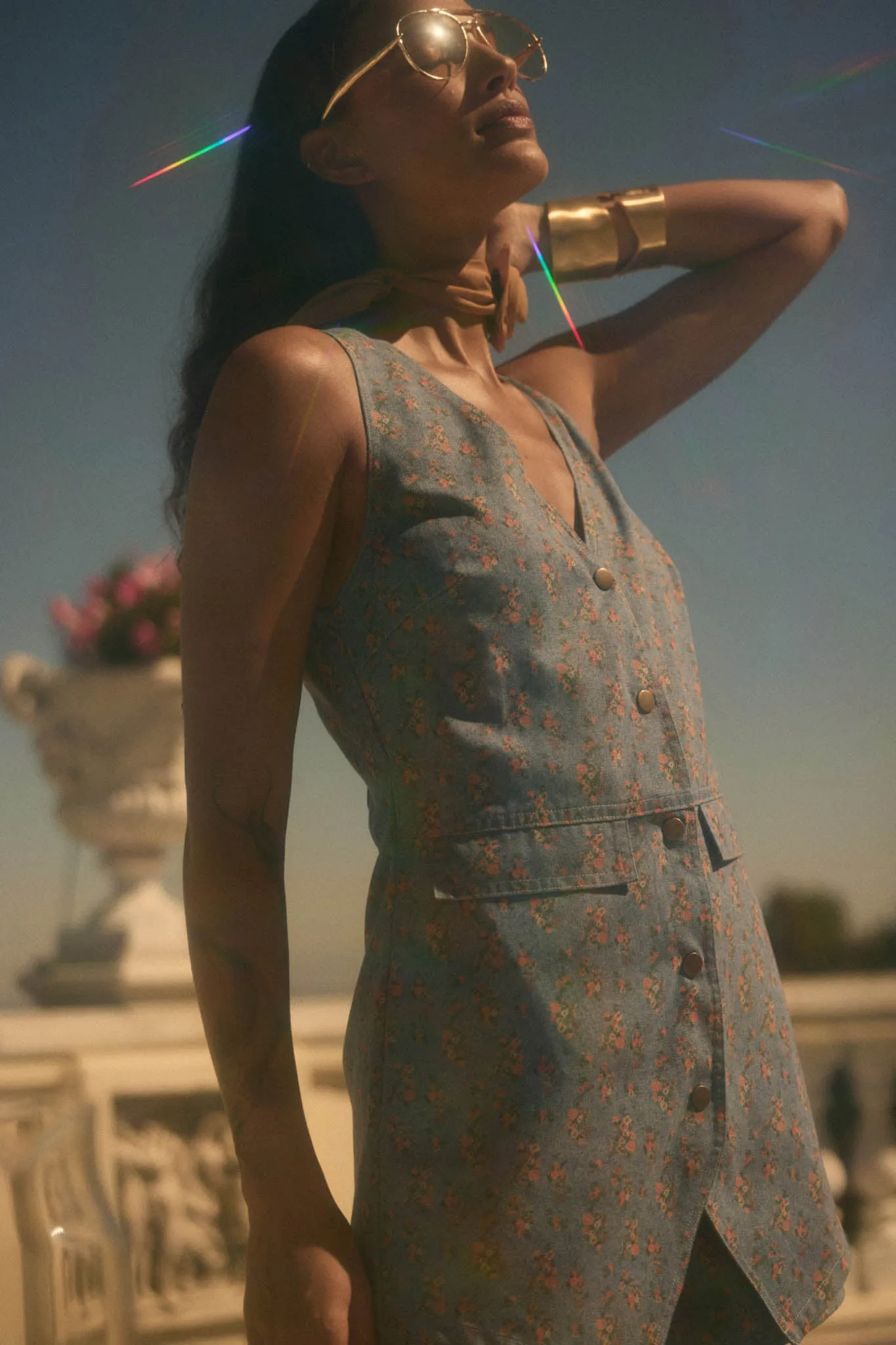 Twill Garden Floral-Print Denim Vest Romper sold by Promesa