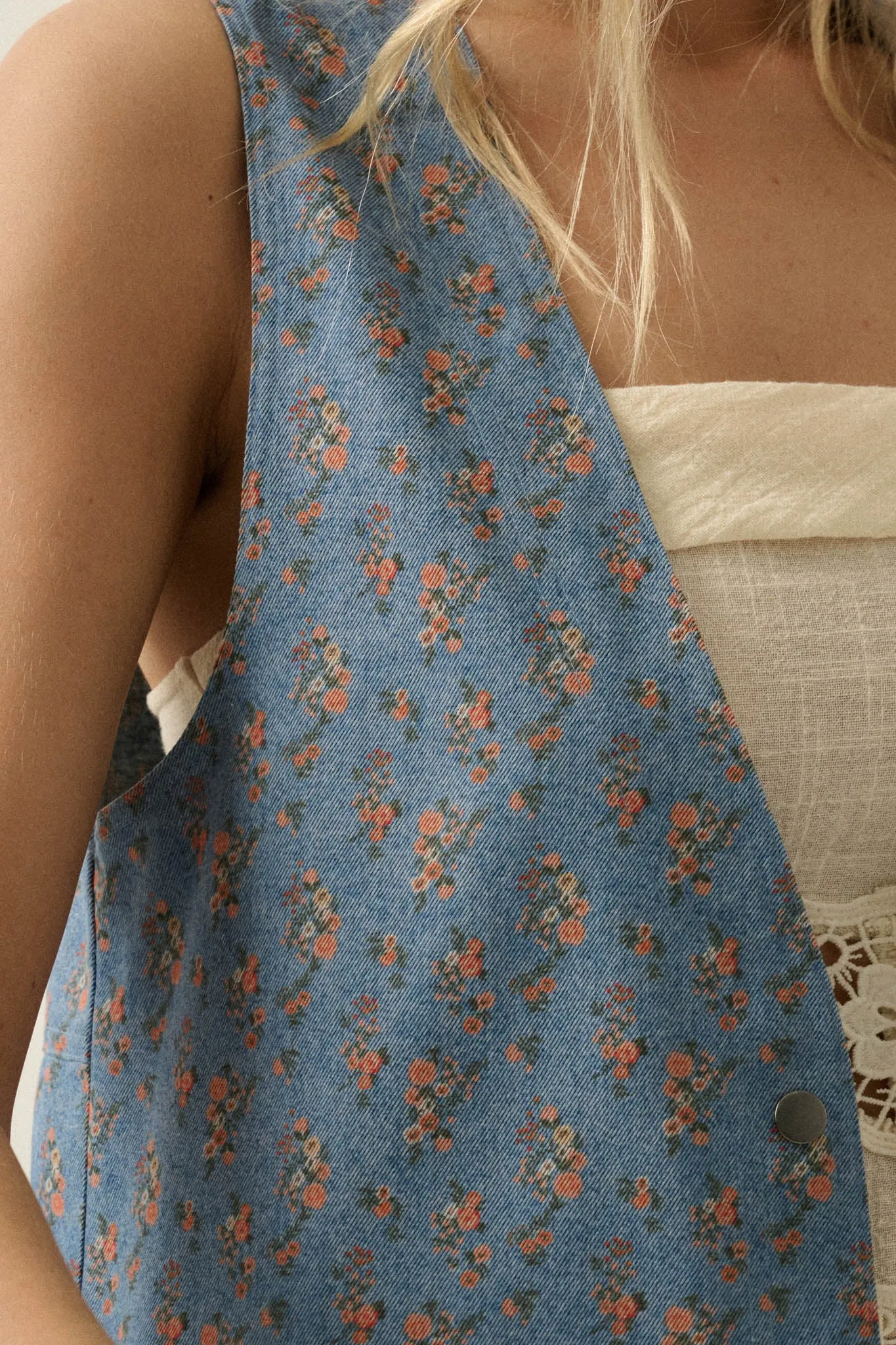 Denim Petals Floral-Print Denim Snap-Front Vest sold by Promesa product image thumbnail 5