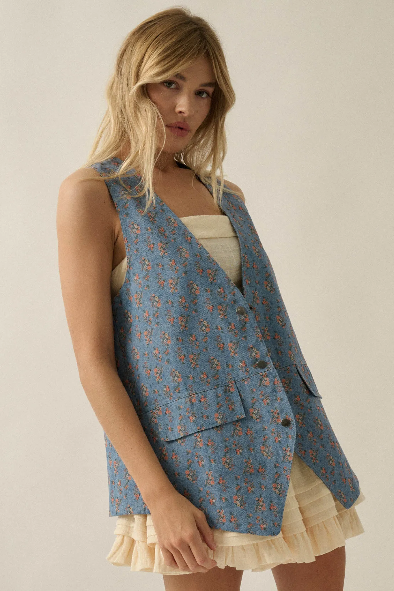 Denim Petals Floral-Print Denim Snap-Front Vest sold by Promesa product image thumbnail 4