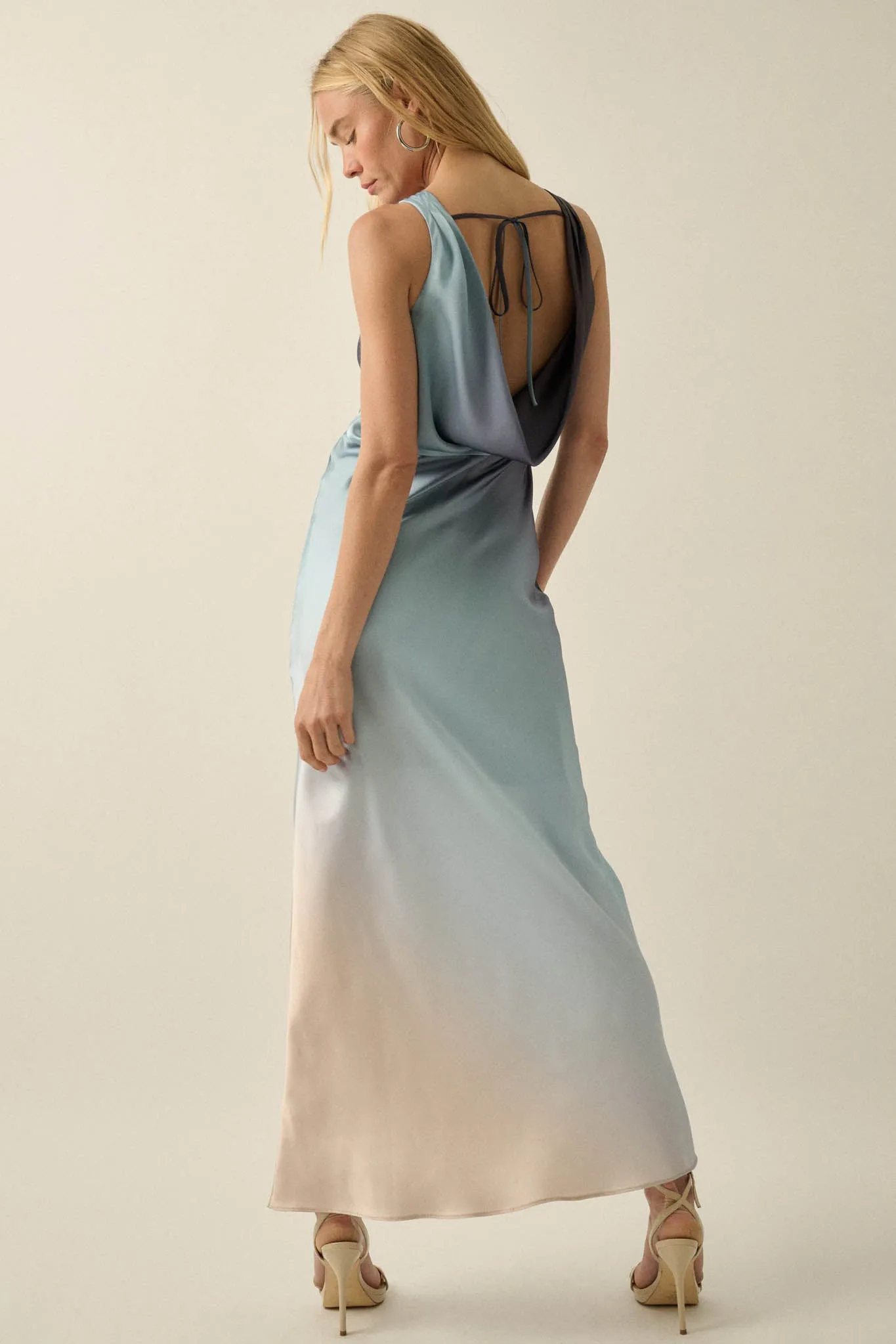 Glow Up Ombre Satin Cowl-Back Maxi Dress sold by Promesa