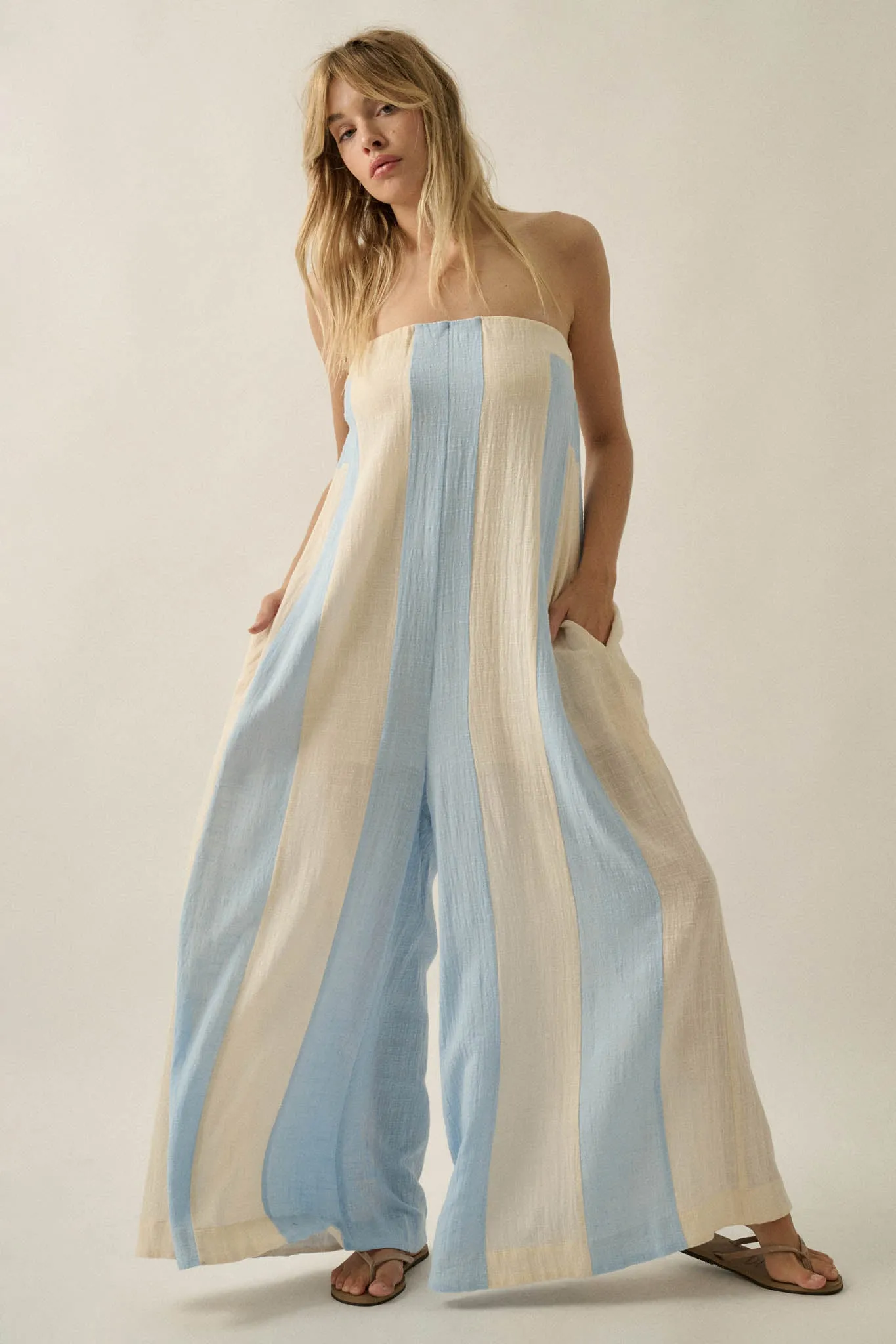 Ready to Flow Colorblock Gauze Strapless Jumpsuit sold by Promesa