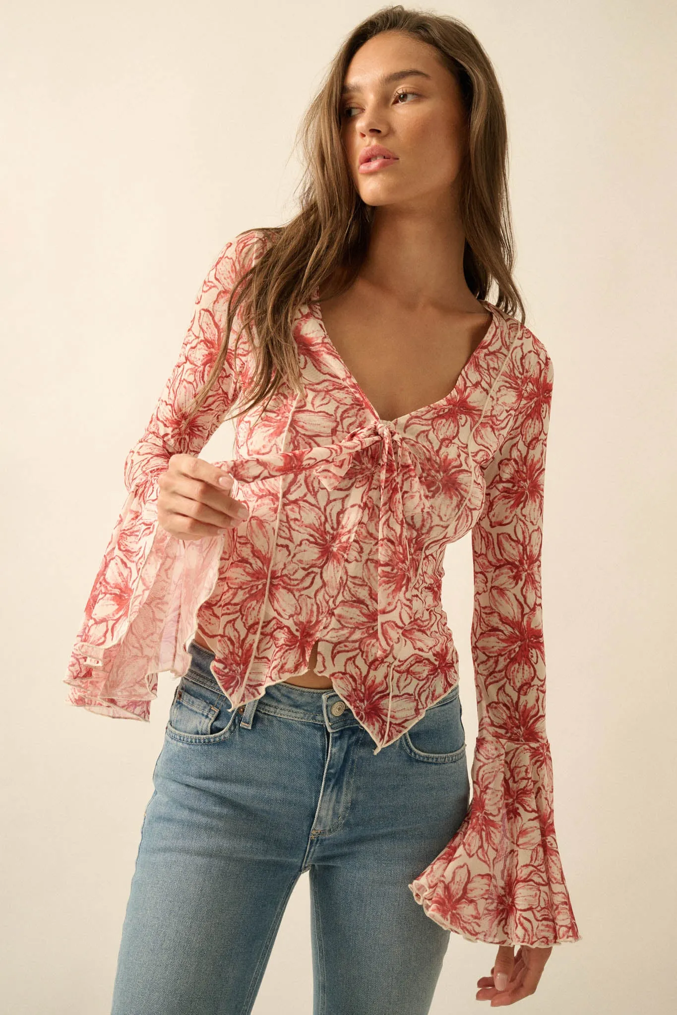 Wild Lilies Floral Mesh Tie-Front Bell-Sleeve Top sold by Promesa product image thumbnail 4