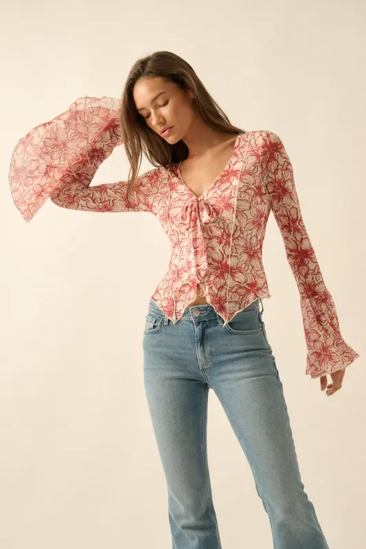 Wild Lilies Floral Mesh Tie-Front Bell-Sleeve Top made by Promesa