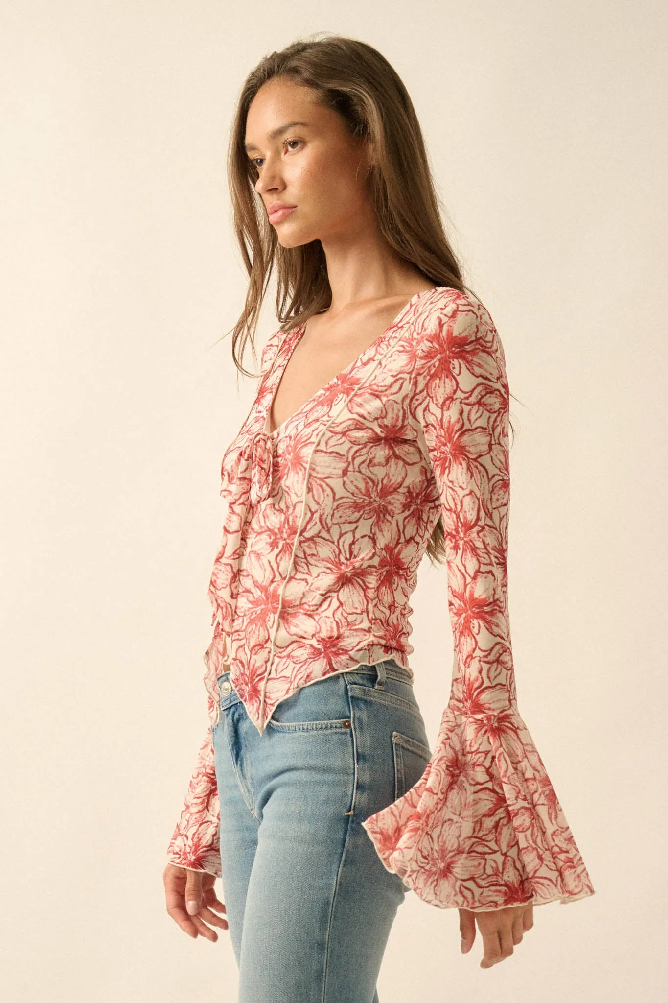 Wild Lilies Floral Mesh Tie-Front Bell-Sleeve Top sold by Promesa product image thumbnail 5
