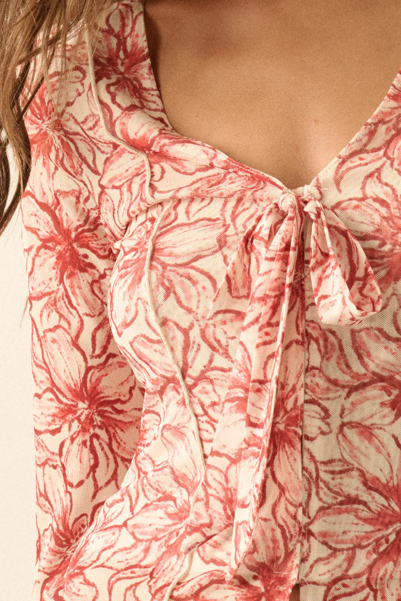 Wild Lilies Floral Mesh Tie-Front Bell-Sleeve Top sold by Promesa product image thumbnail 2