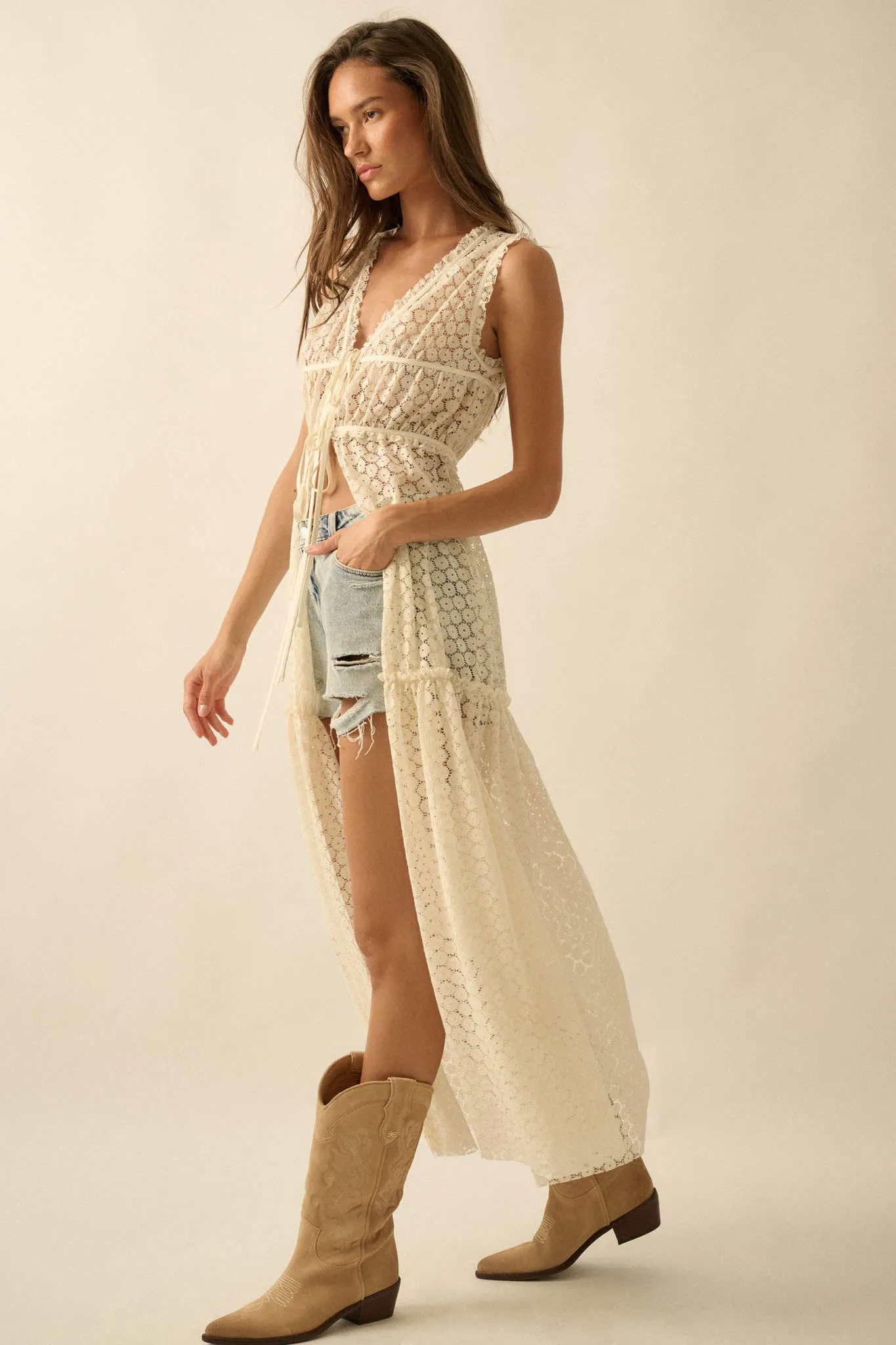 Sunshine Day Sheer Crochet Lace Maxi Top sold by Promesa