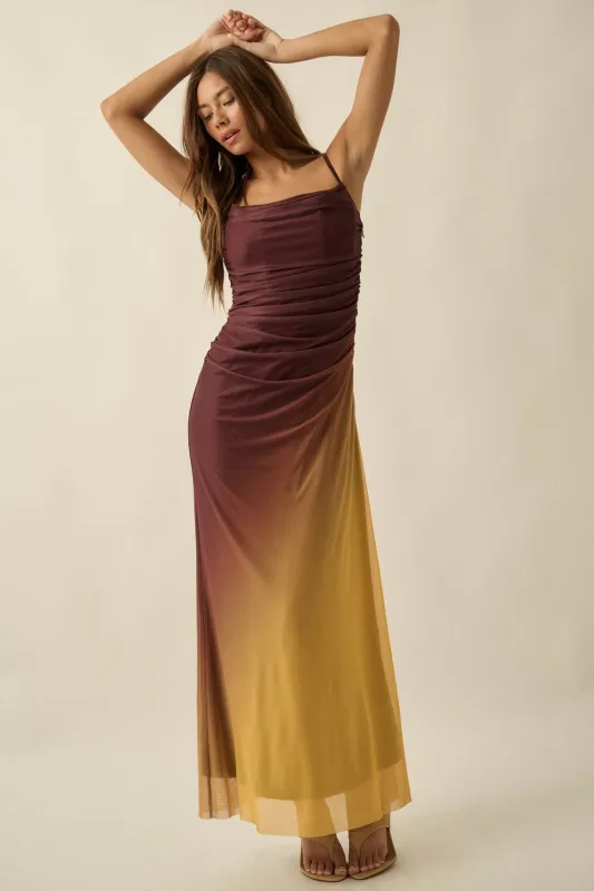 Shades of You Ombre Mesh Ruched Maxi Dress made by Promesa