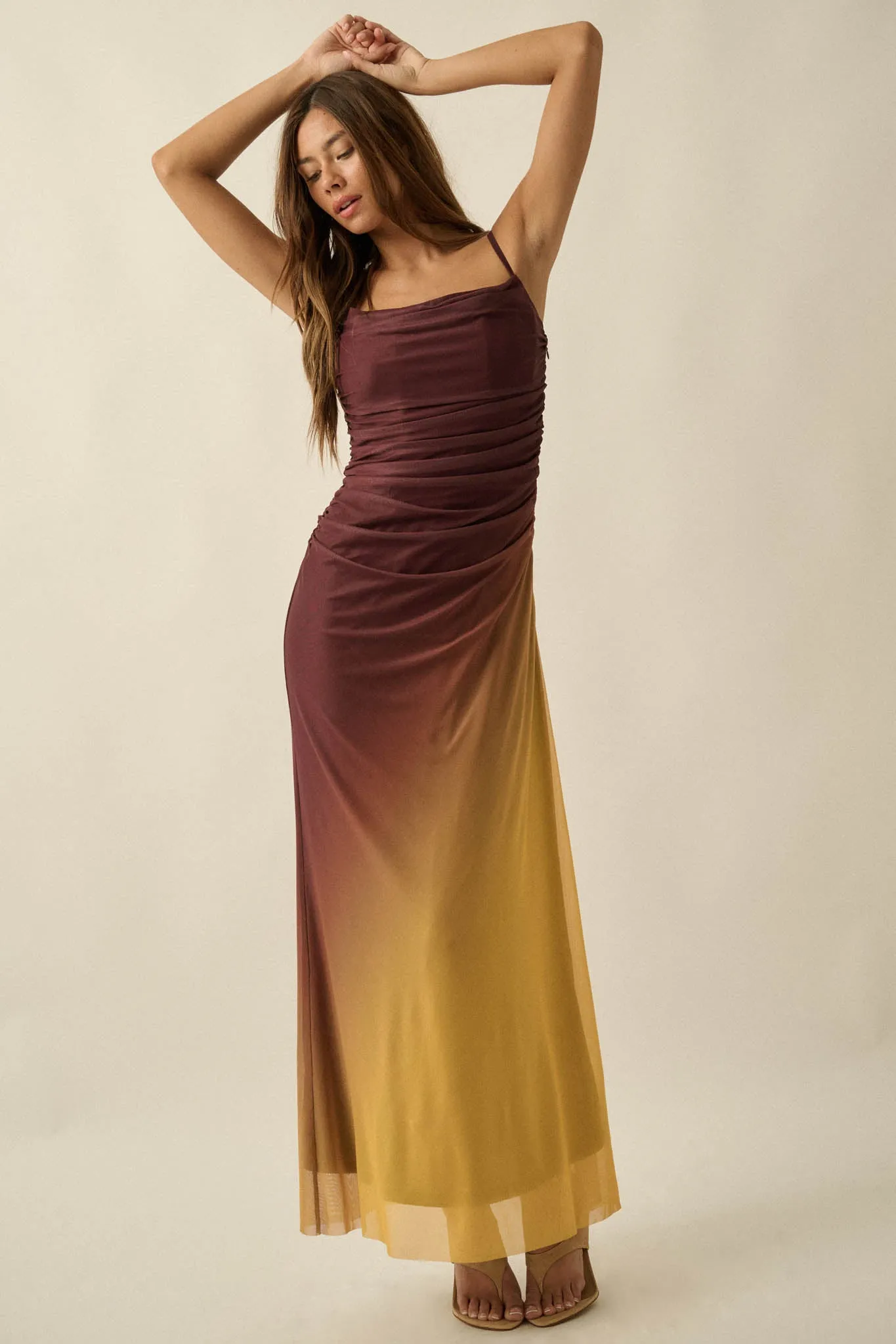 Shades of You Ombre Mesh Ruched Maxi Dress sold by Promesa