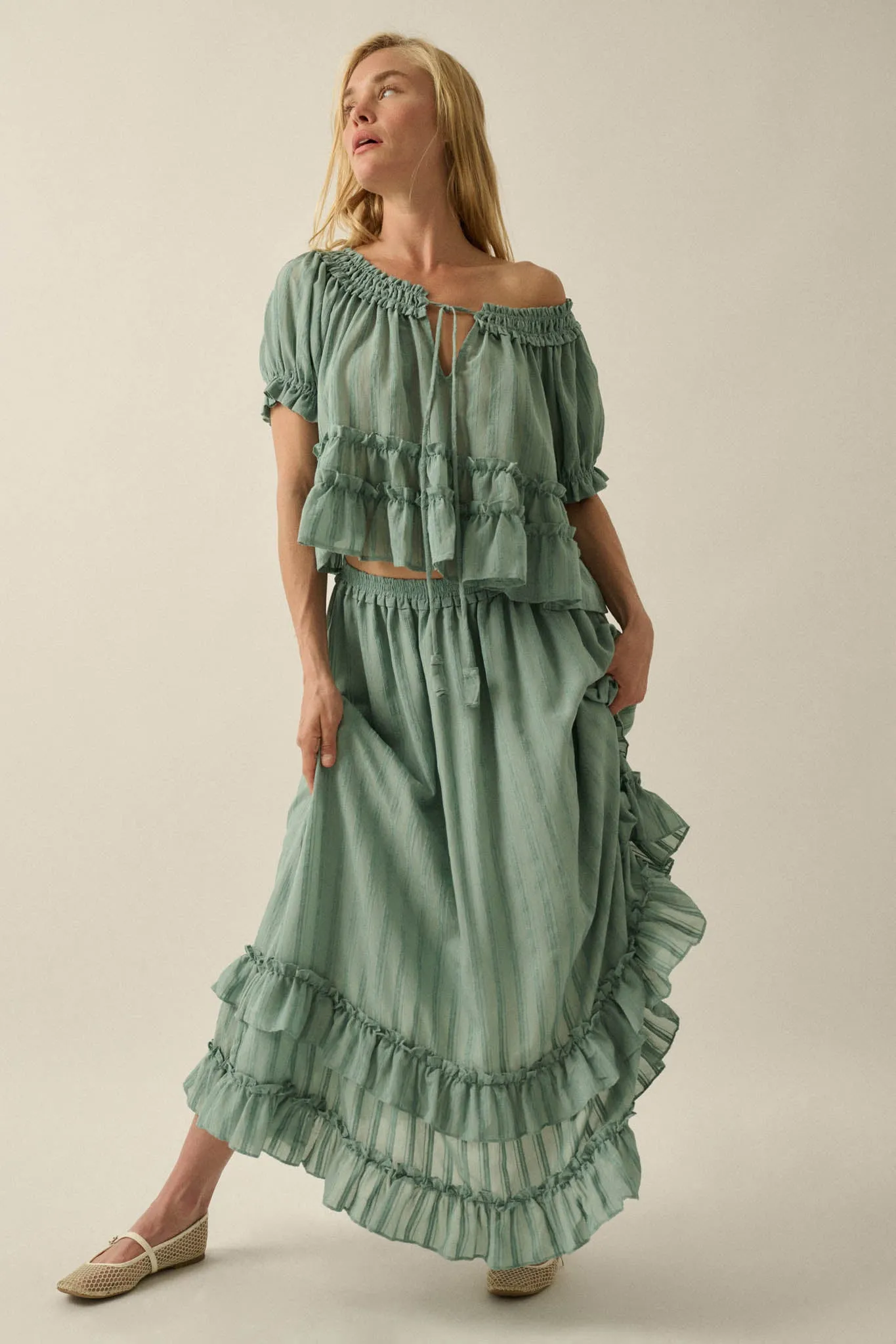Pretty Precious Tonal-Stripe Ruffle Maxi Skirt sold by Promesa product image thumbnail 4