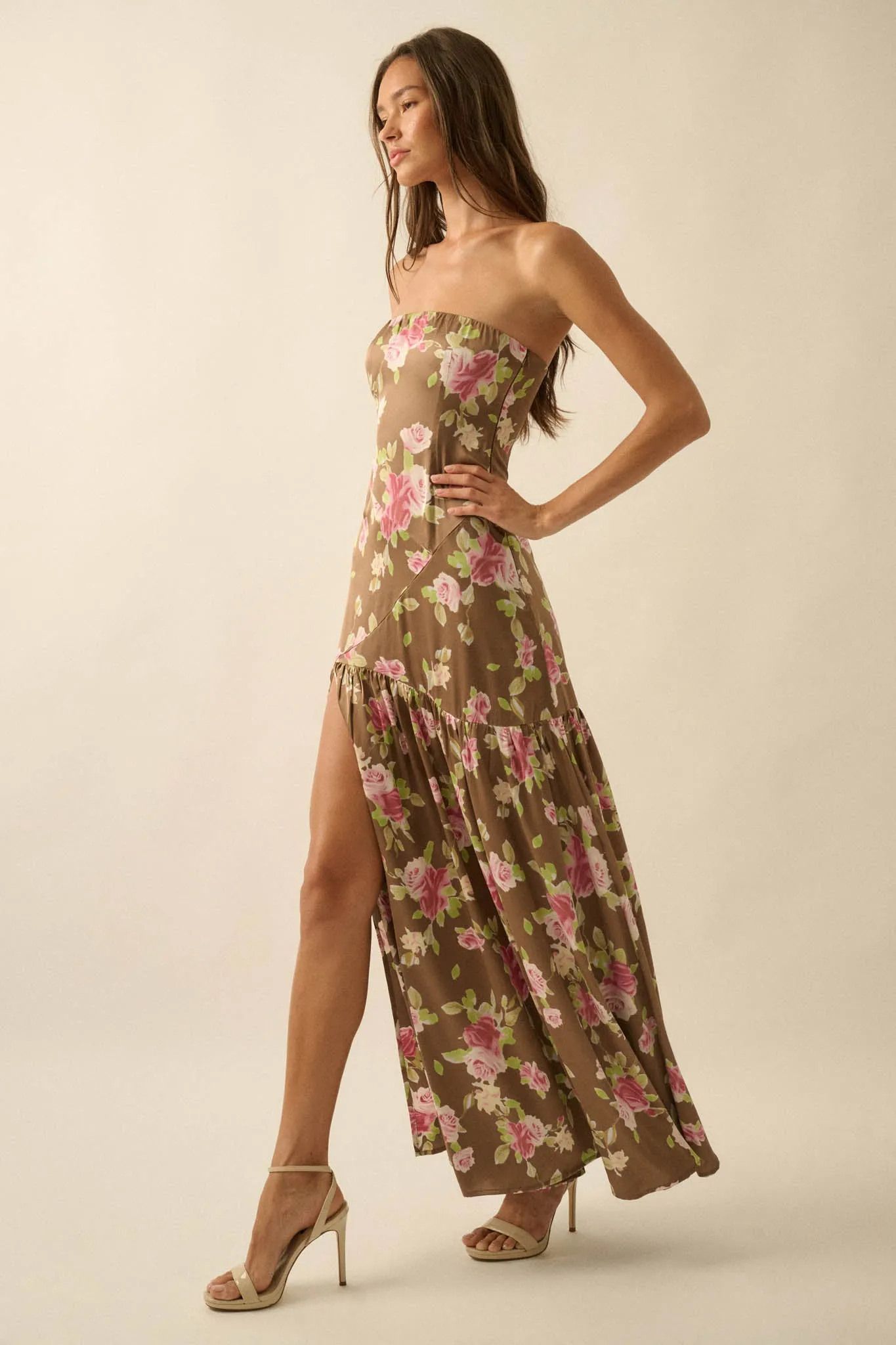 Rose Garden Floral-Print Satin Strapless Maxi Dress sold by Promesa product image thumbnail 5