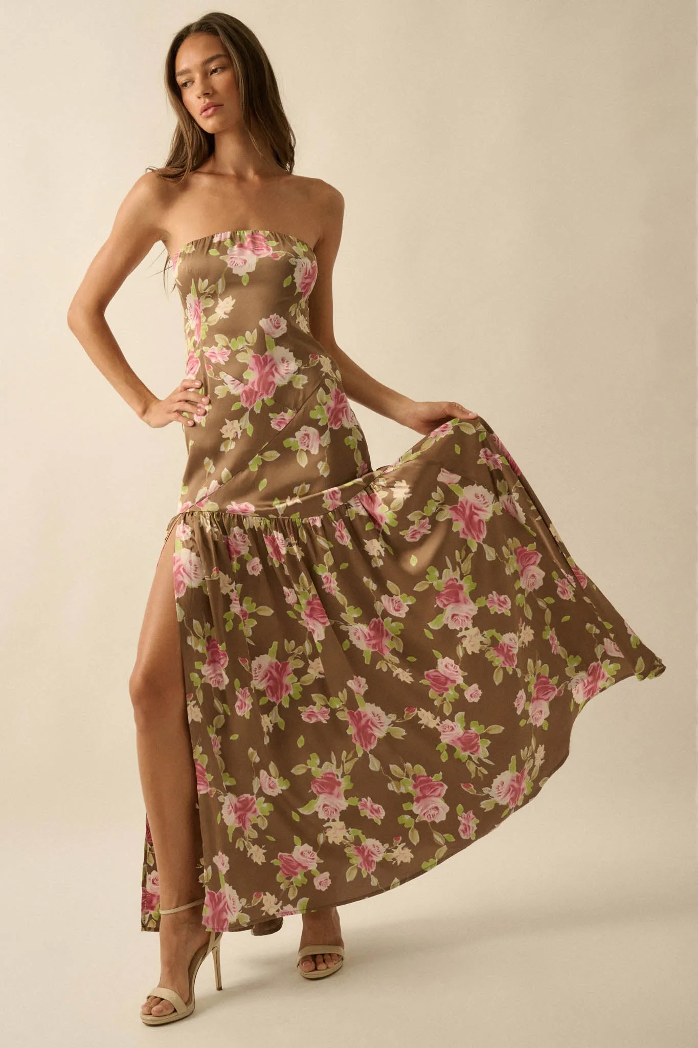 Rose Garden Floral-Print Satin Strapless Maxi Dress sold by Promesa