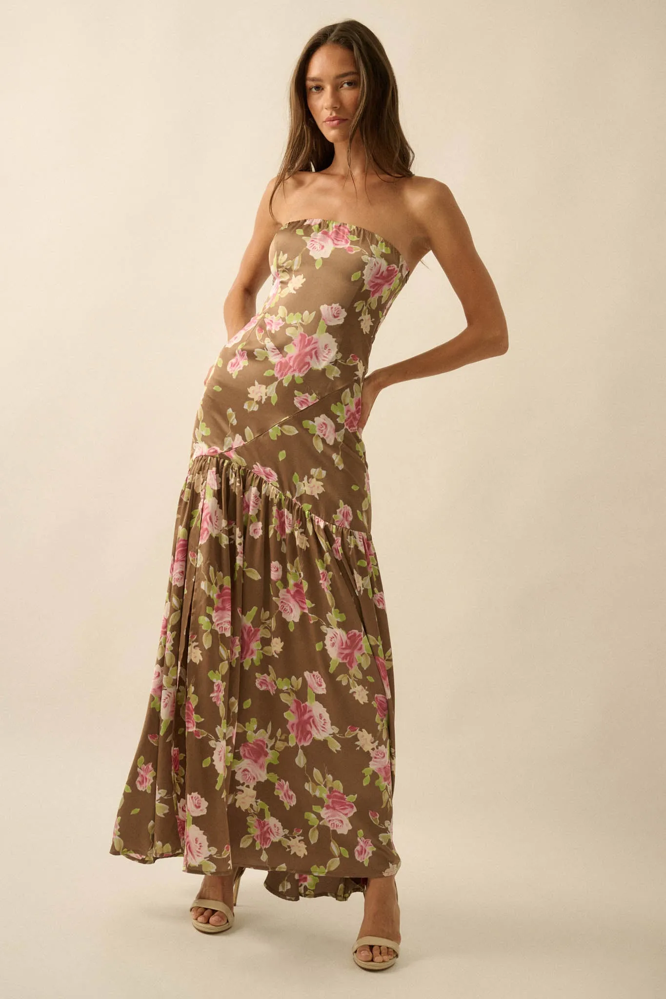 Rose Garden Floral-Print Satin Strapless Maxi Dress sold by Promesa product image thumbnail 3
