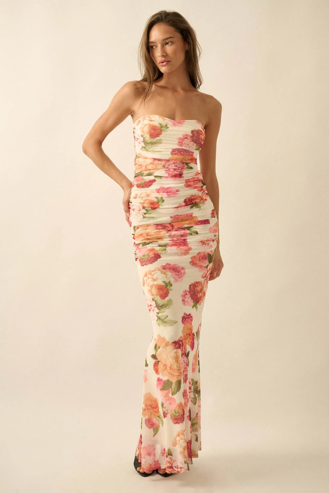 Garden Party Floral Mesh Ruched Strapless Maxi Dress sold by Promesa product image thumbnail 2