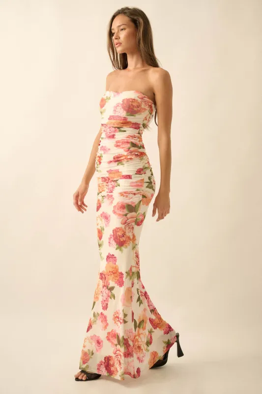 Garden Party Floral Mesh Ruched Strapless Maxi Dress made by Promesa