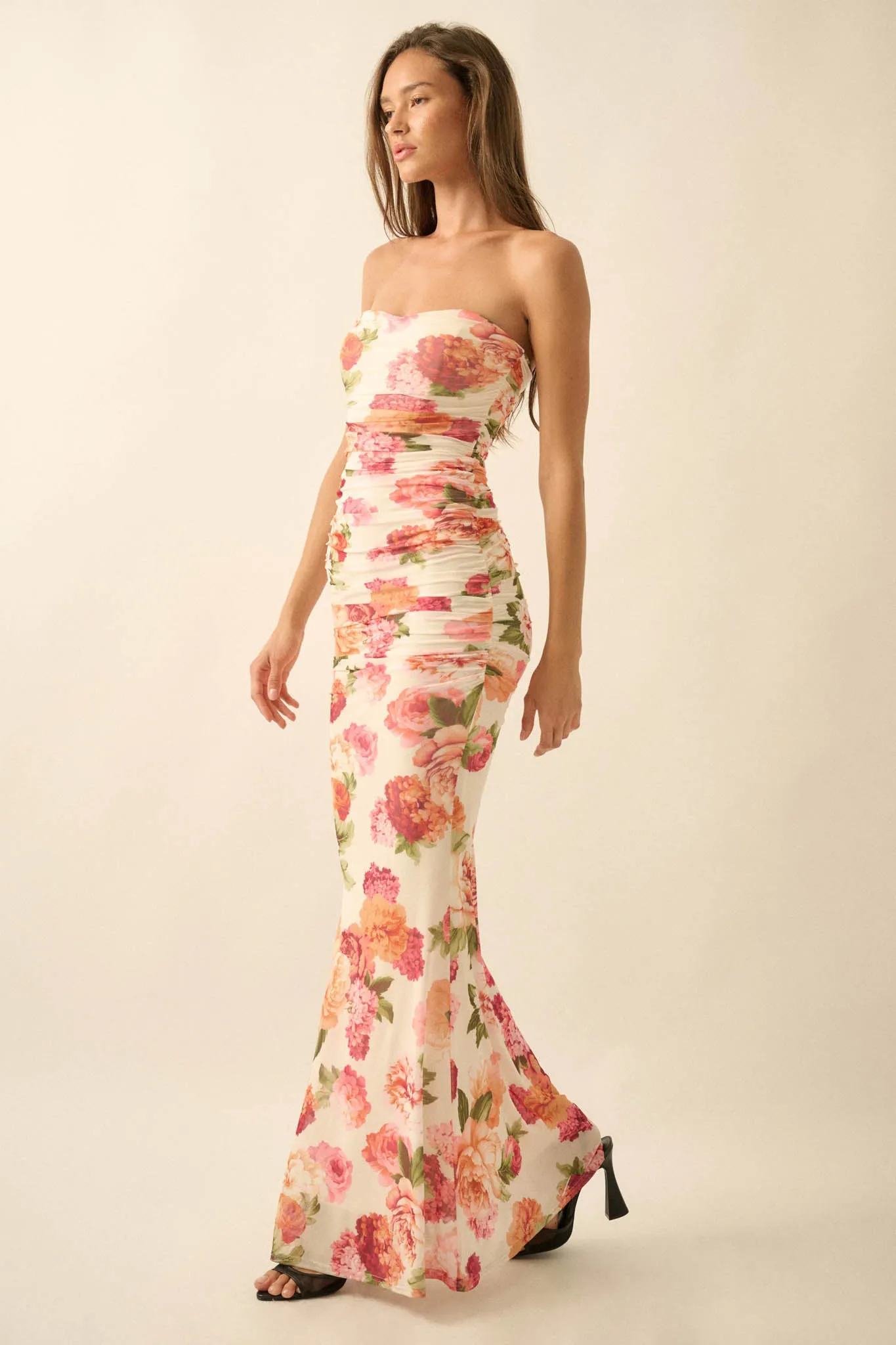 Garden Party Floral Mesh Ruched Strapless Maxi Dress sold by Promesa