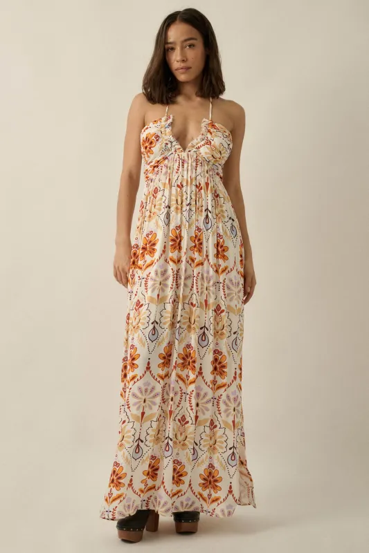 Rare Blooms Floral Medallion-Print Halter Maxi Dress made by Promesa