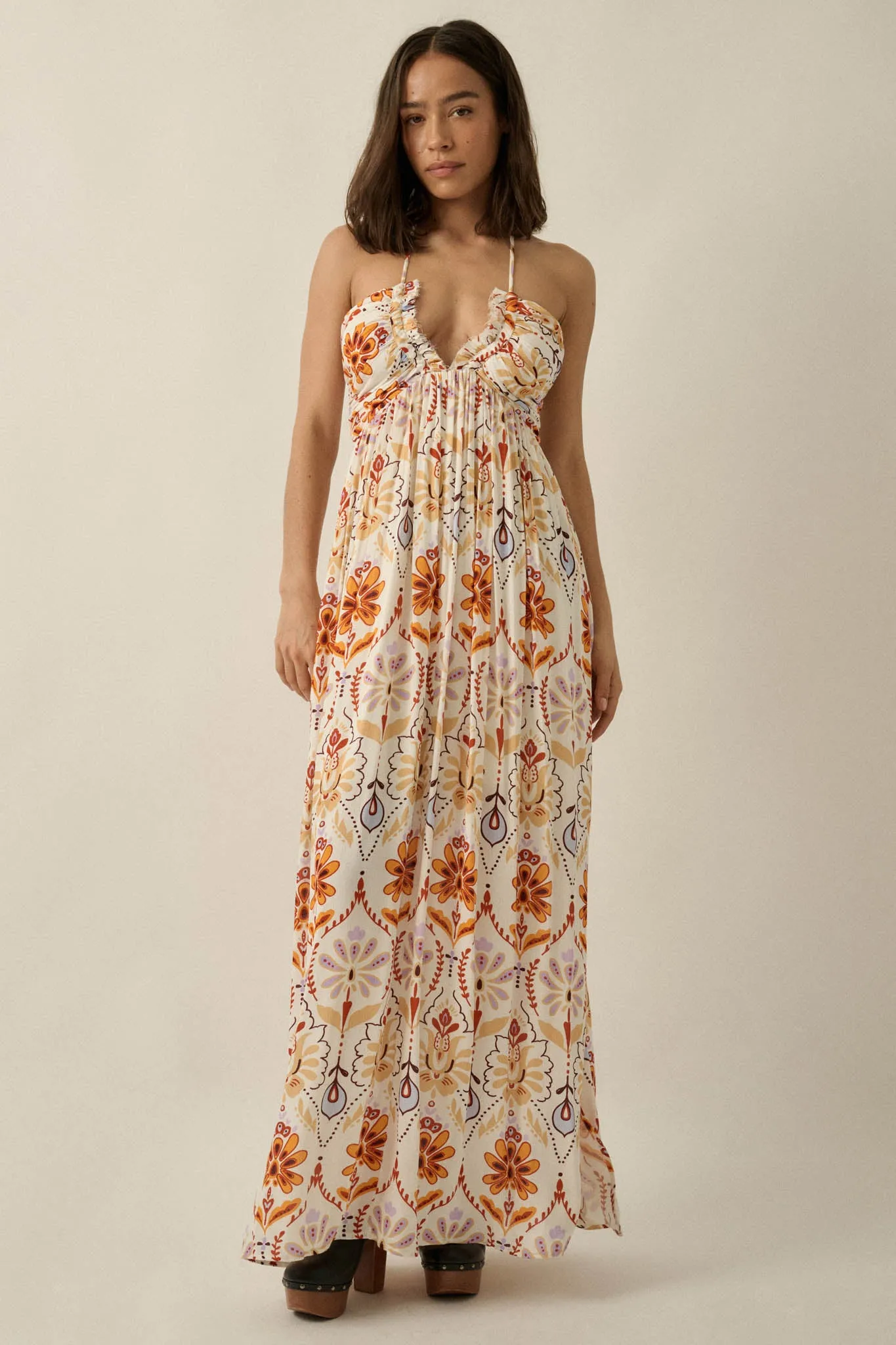 Rare Blooms Floral Medallion-Print Halter Maxi Dress sold by Promesa