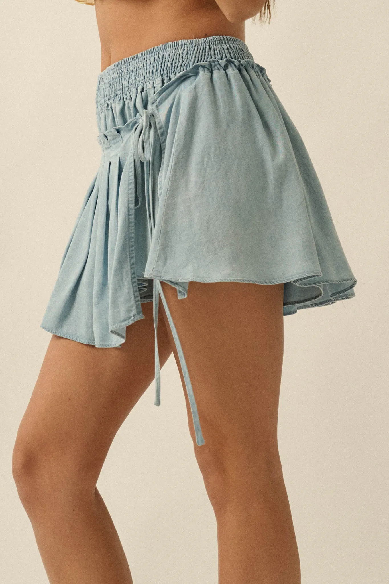 Blue Belle Smocked Denim Pleated Wrap Mini Skort sold by Promesa product image thumbnail 5