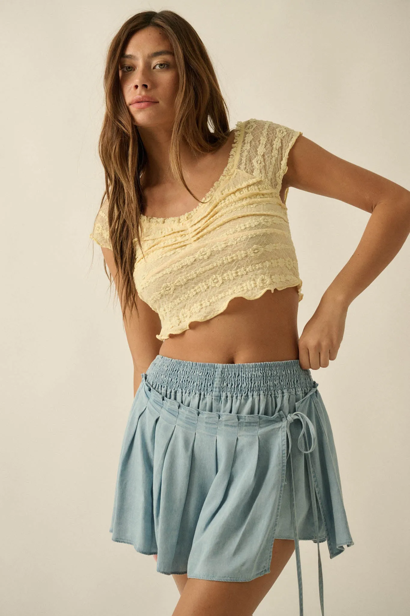 Blue Belle Smocked Denim Pleated Wrap Mini Skort sold by Promesa product image thumbnail 4