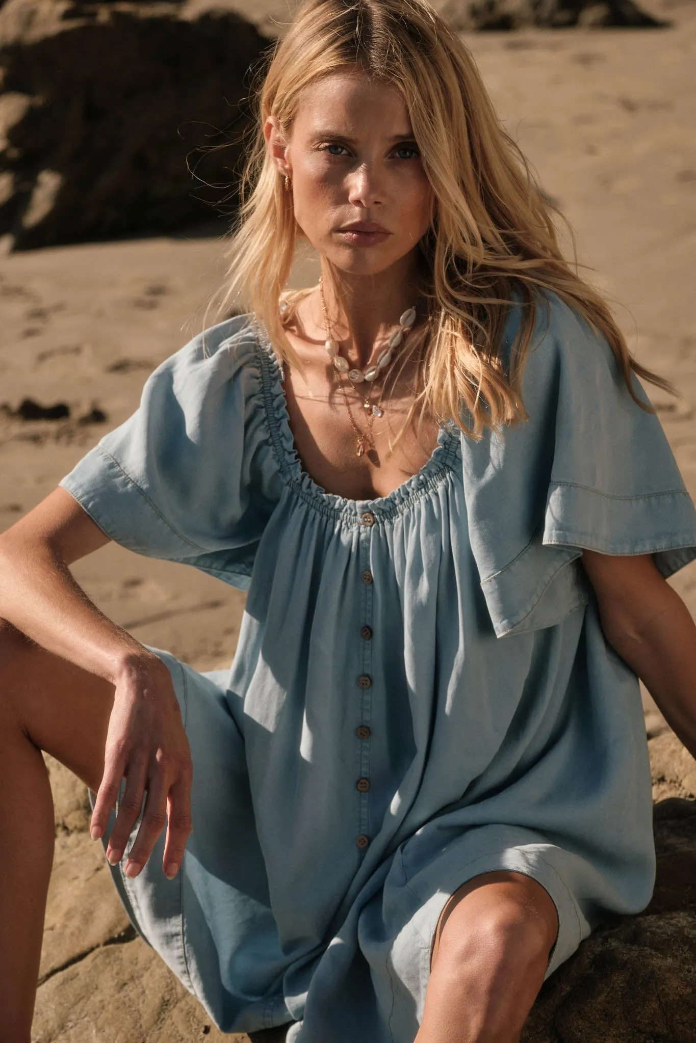 Morning Skies Denim Square-Neck Mini Shift Dress sold by Promesa product image thumbnail 3