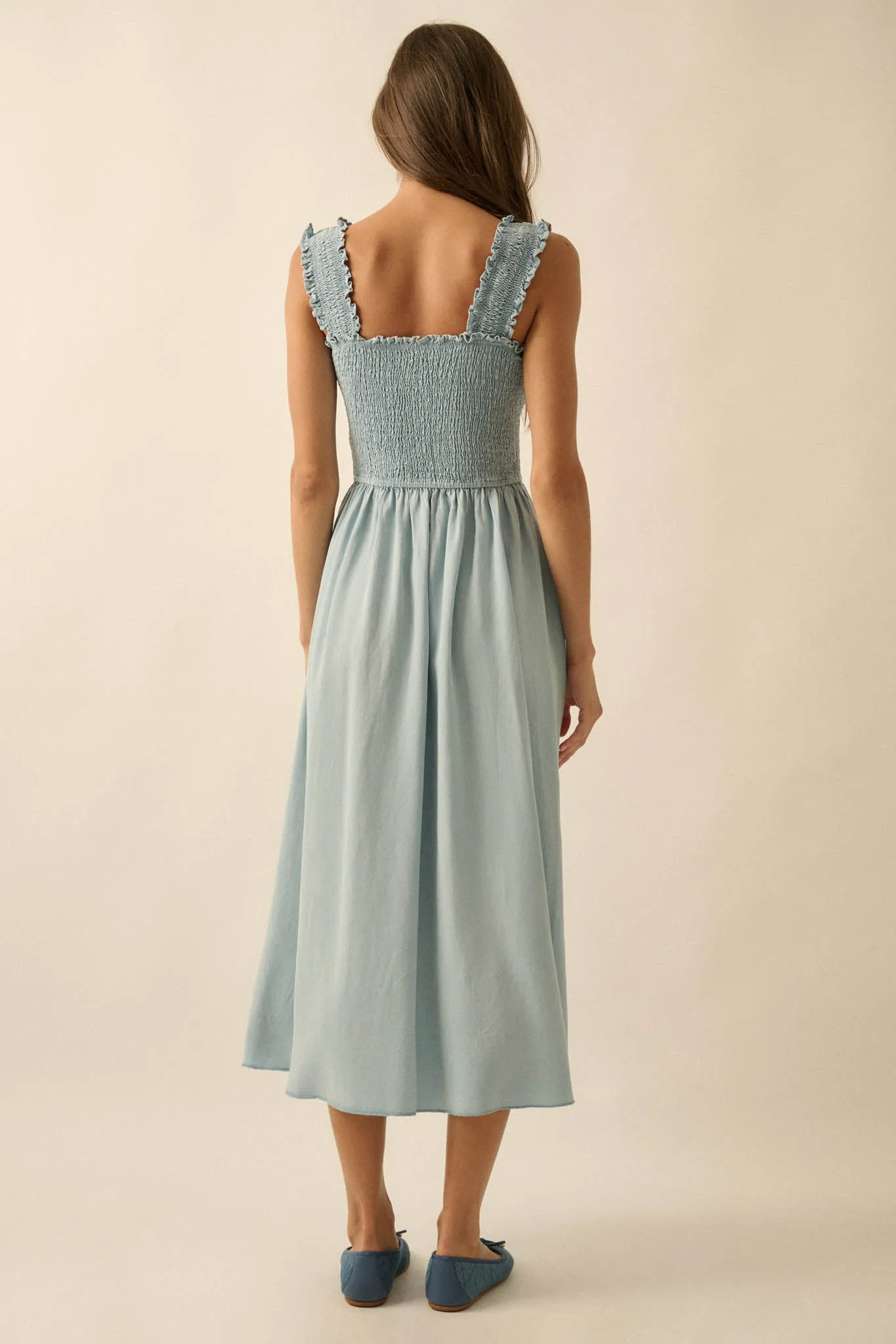 Blue Horizon Smocked Denim Square-Neck Midi Dress sold by Promesa product image thumbnail 2