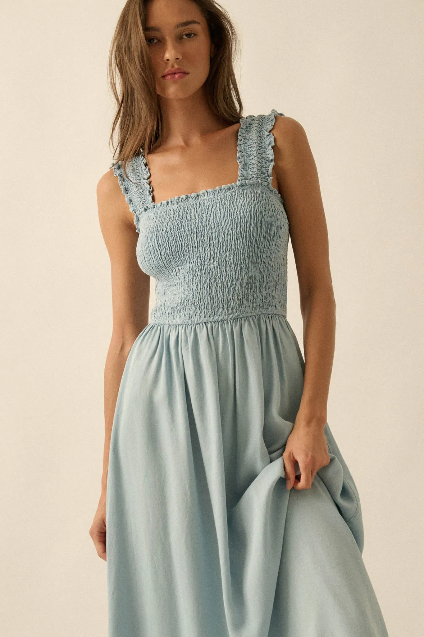 Blue Horizon Smocked Denim Square-Neck Midi Dress sold by Promesa product image thumbnail 3