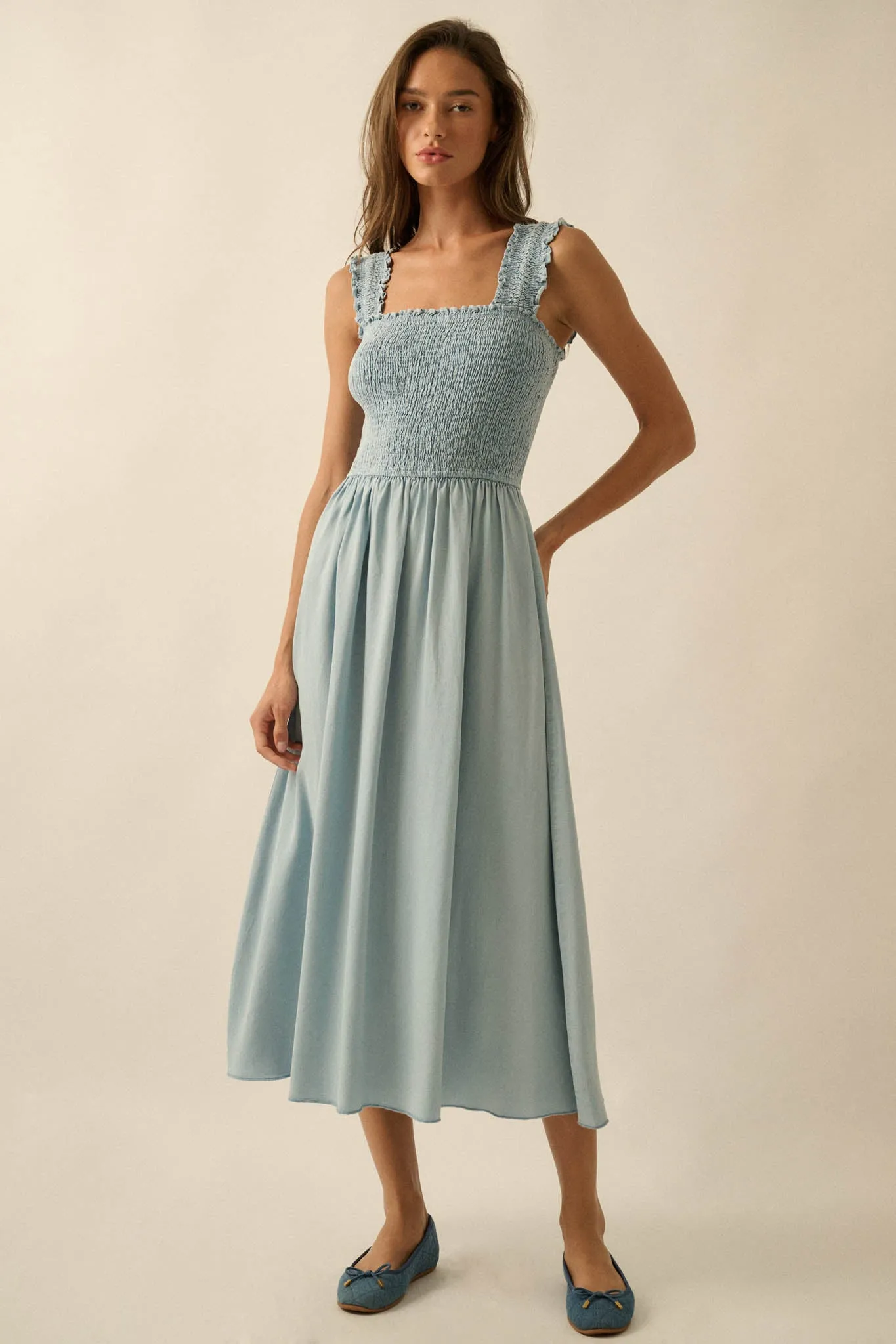 Blue Horizon Smocked Denim Square-Neck Midi Dress sold by Promesa