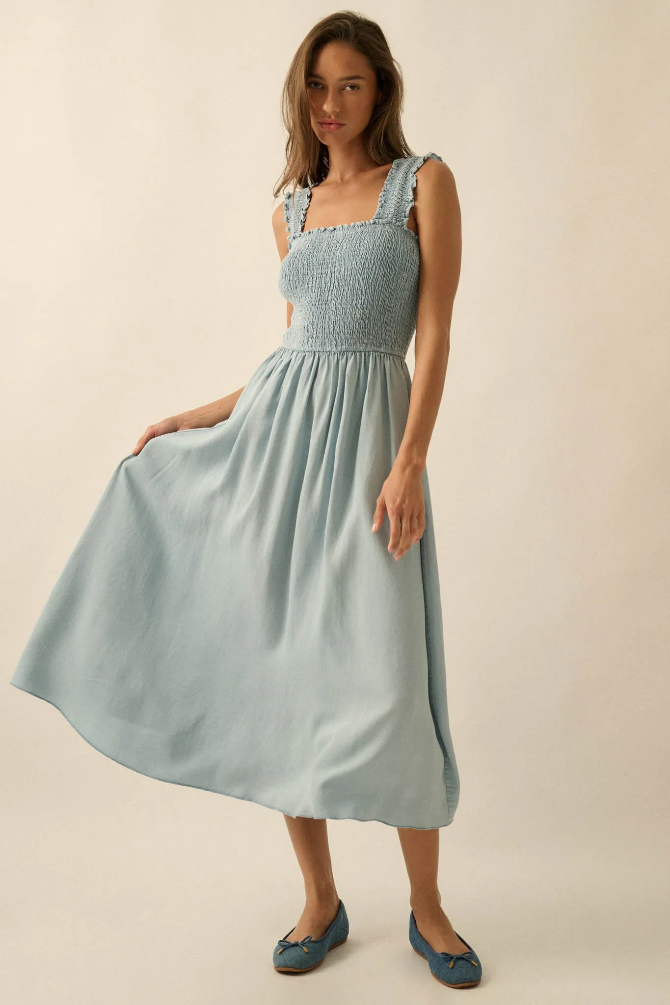 Blue Horizon Smocked Denim Square-Neck Midi Dress sold by Promesa product image thumbnail 4
