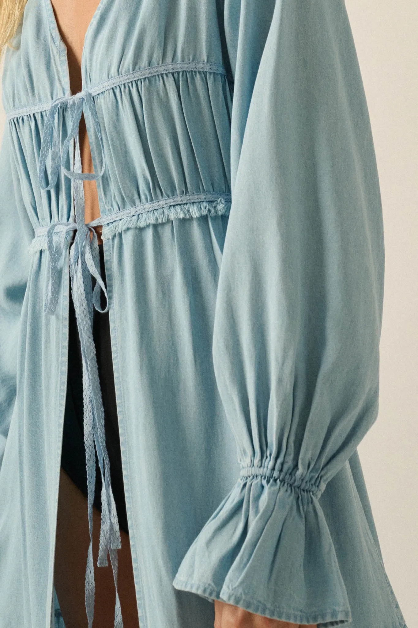 Sky Dancer Denim Tie-Front Poet-Sleeve Maxi Top sold by Promesa product image thumbnail 5