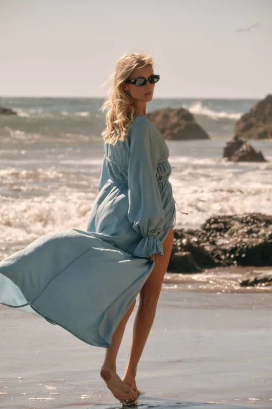 Sky Dancer Denim Tie-Front Poet-Sleeve Maxi Top made by Promesa