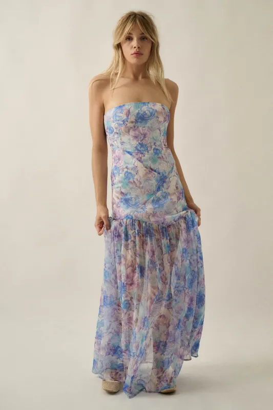 Pastel Petals Floral Chiffon Strapless Maxi Dress made by Promesa