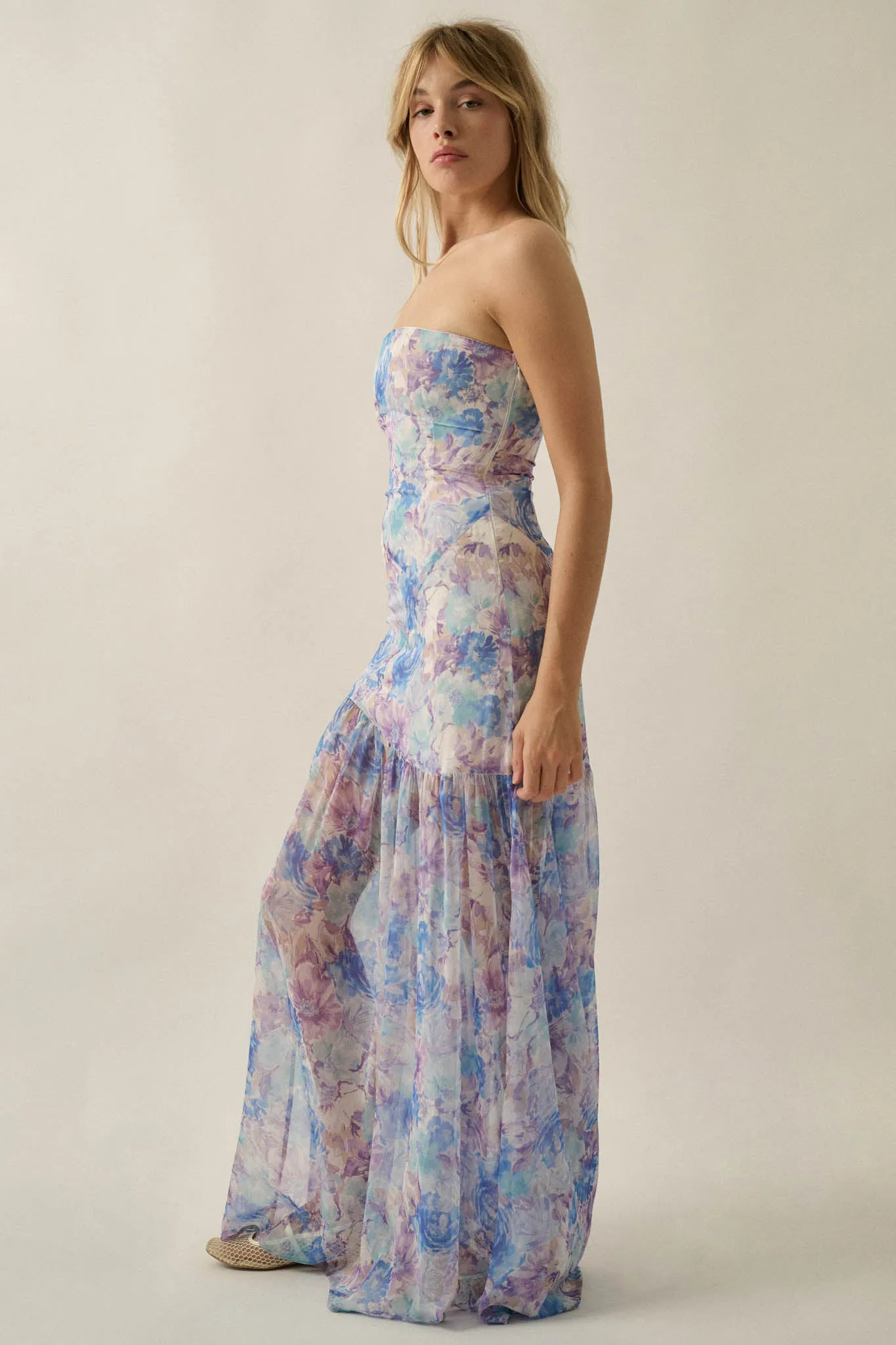 Pastel Petals Floral Chiffon Strapless Maxi Dress sold by Promesa product image thumbnail 5