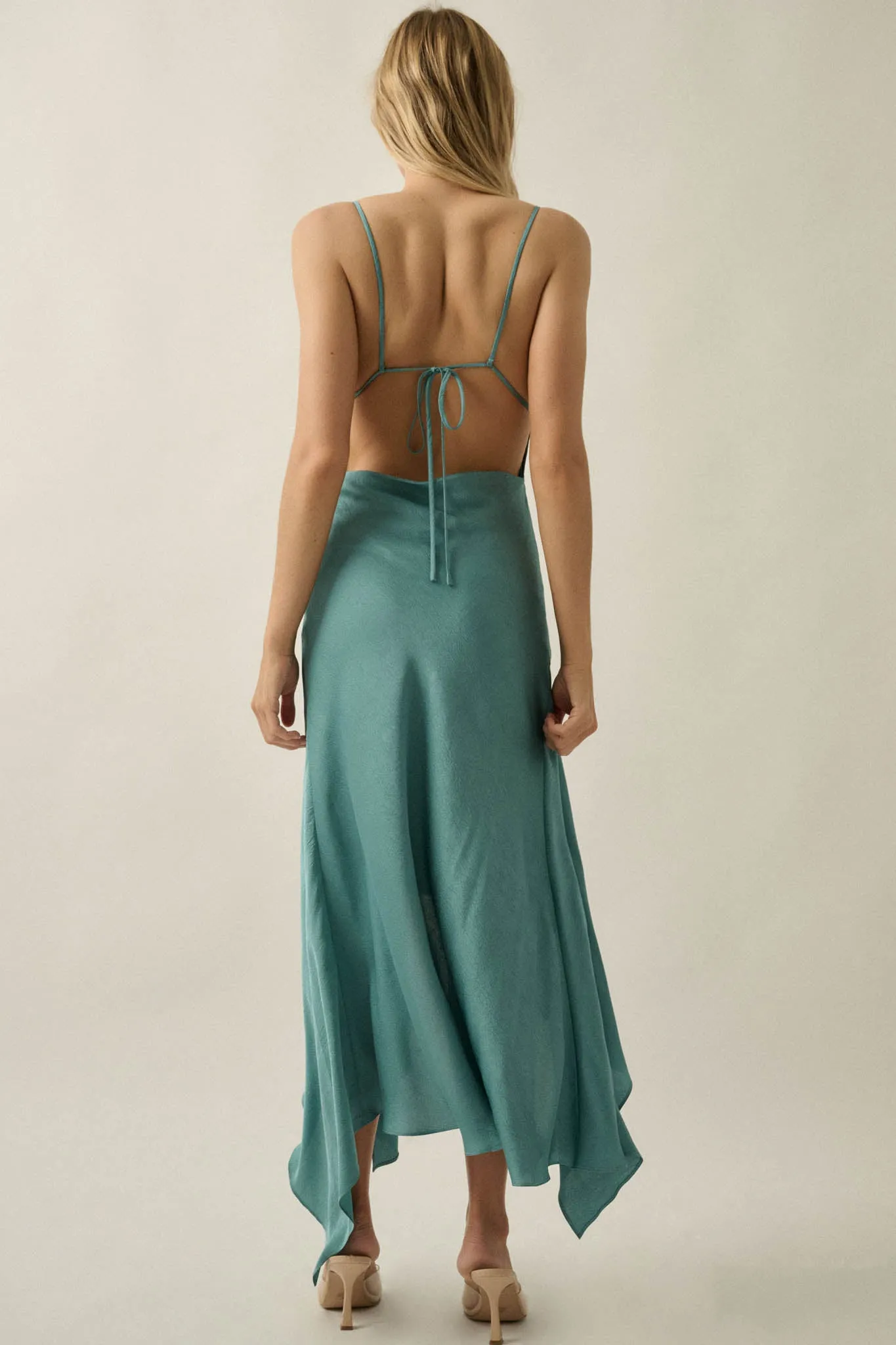 Silky Sashay Textured Satin Asymmetrical Midi Dress sold by Promesa product image thumbnail 2