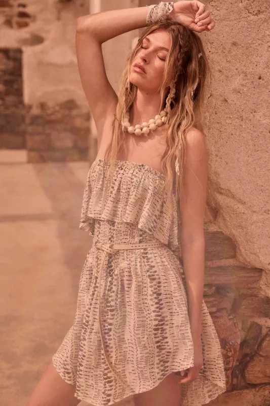 Wander Wild Abstract-Print Strapless Flounce Romper made by Promesa