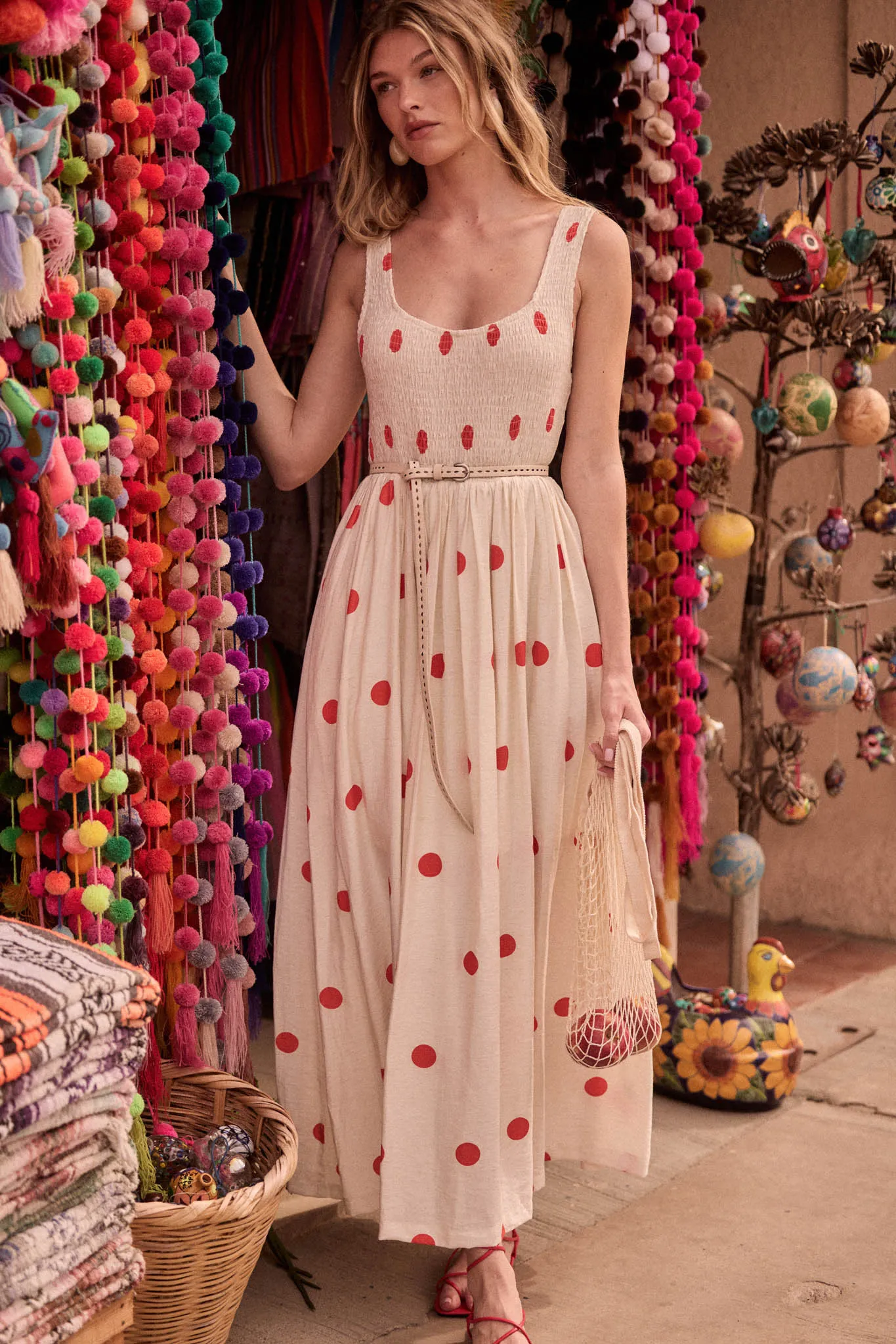 Soft Spot Polka Dot Smocked Square-Neck Maxi Dress sold by Promesa