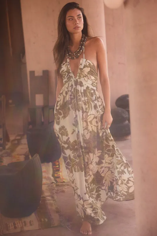 Jungle Beauty Leaf-Print Tie-Back Halter Maxi Dress made by Promesa