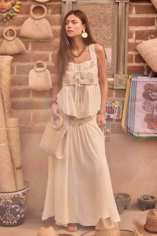 Meadow Song Floral-Embroidered Drop-Waist Maxi Skirt made by Promesa