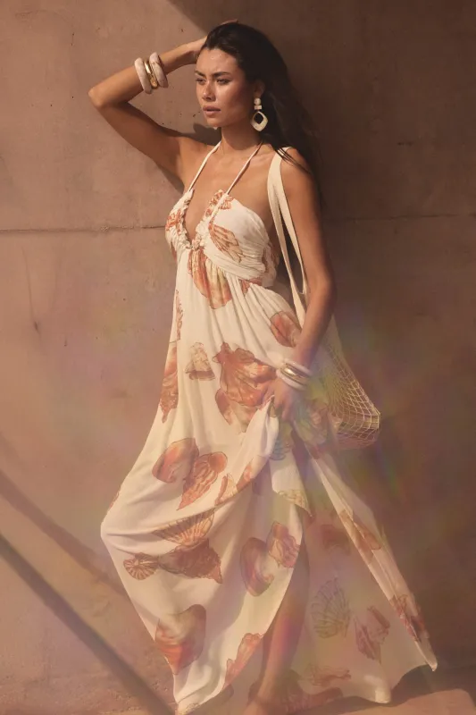 Shell Seeker Shell-Print Tie-Back Halter Maxi Dress made by Promesa