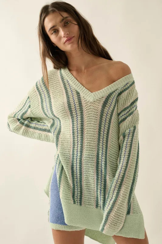 Low Tide Striped Crochet-Knit Oversize Sweater made by Promesa