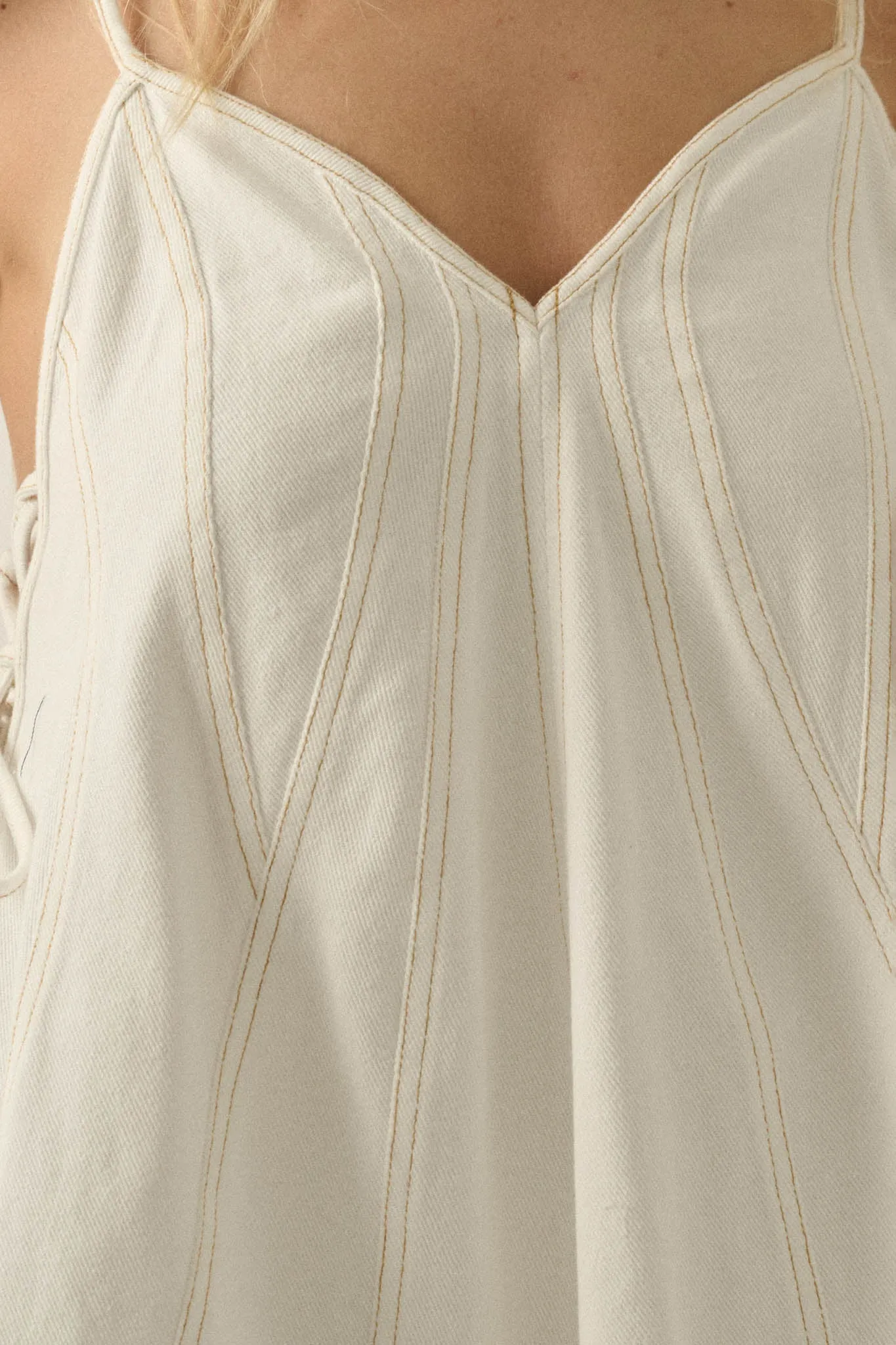 Jean Queen Denim Contrast-Stitch Trapeze Mini Dress sold by Promesa product image thumbnail 4