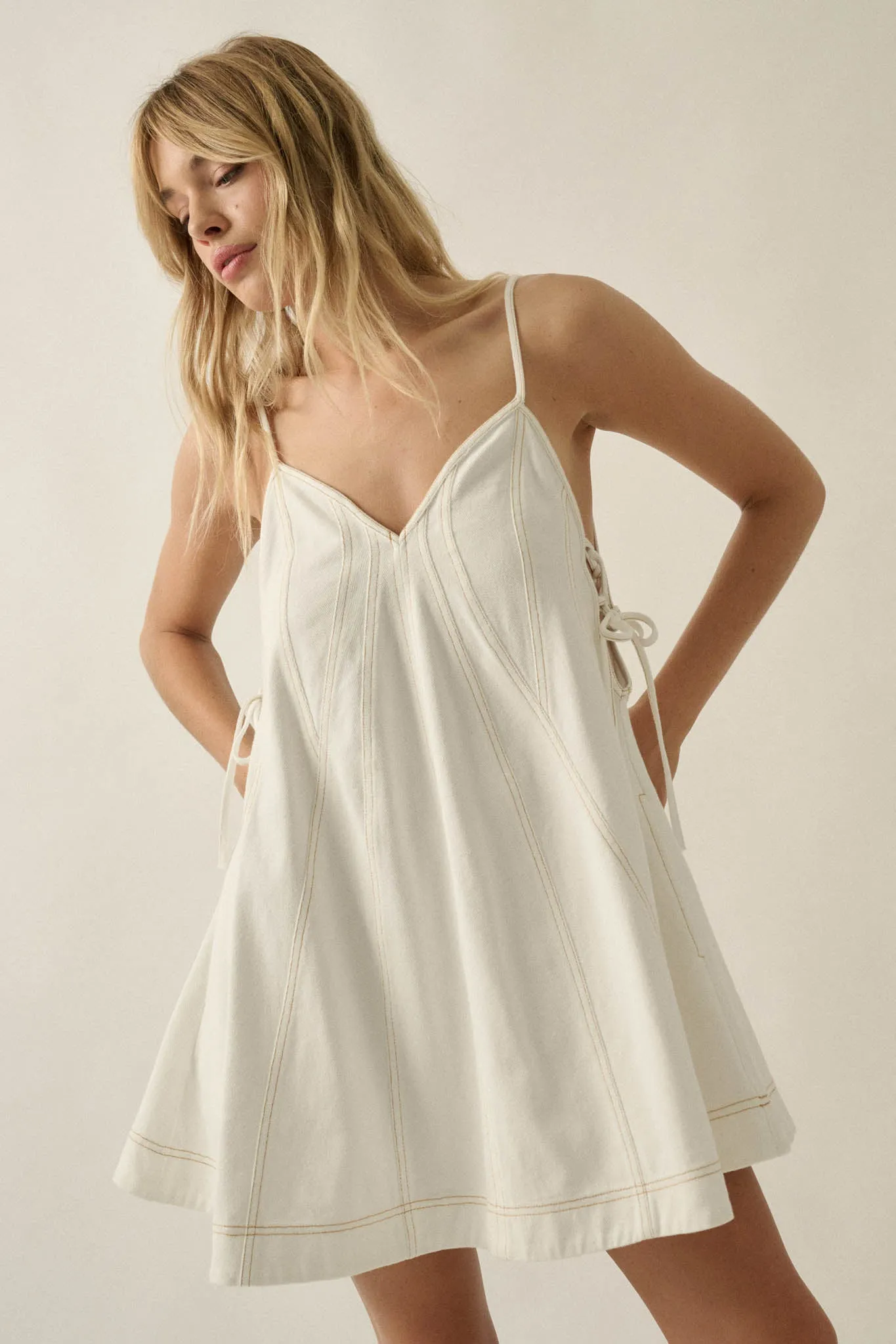 Jean Queen Denim Contrast-Stitch Trapeze Mini Dress sold by Promesa product image thumbnail 5