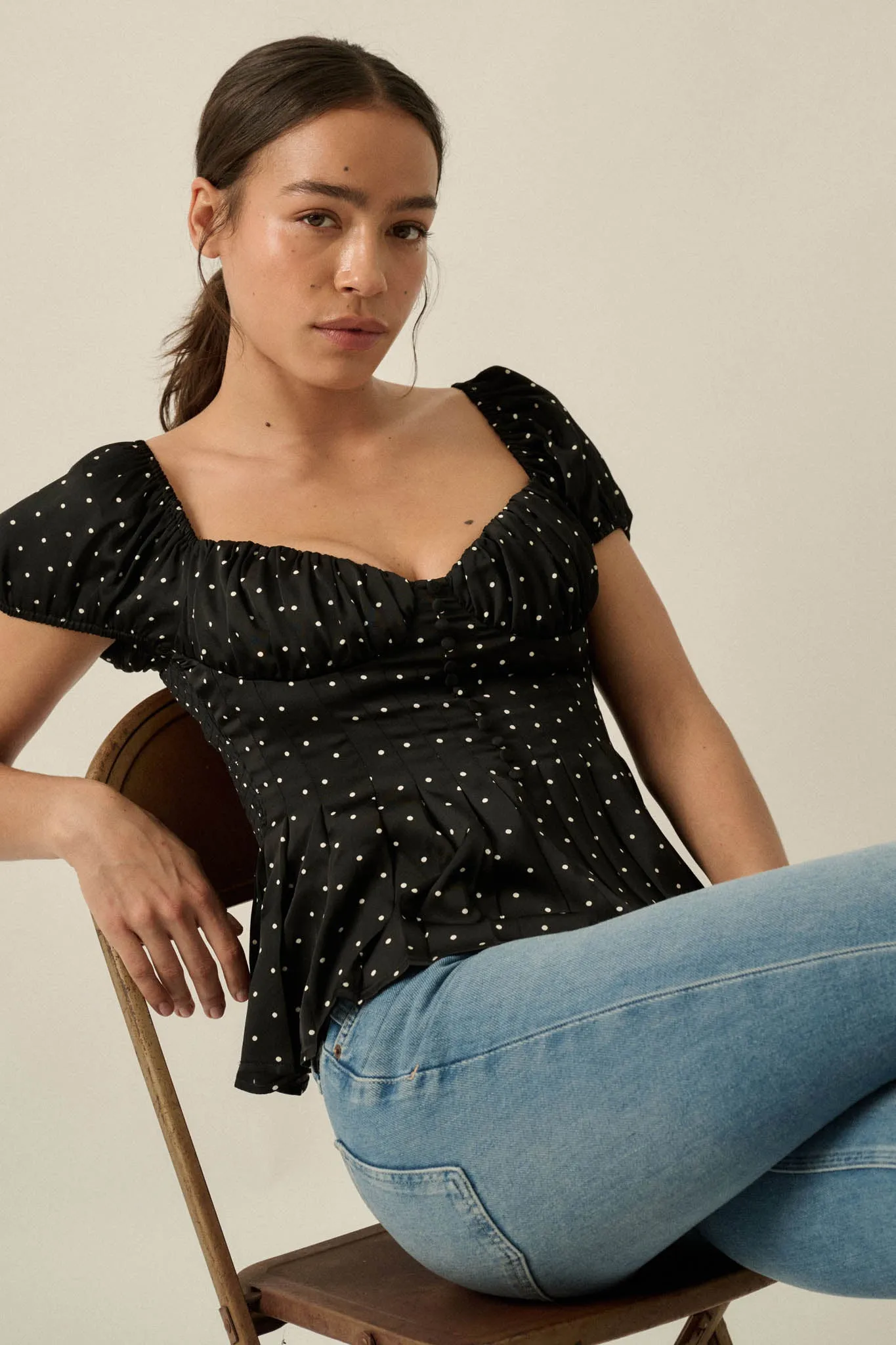 On the Dot Polka Dot Satin Puff-Sleeve Peplum Top sold by Promesa product image thumbnail 4