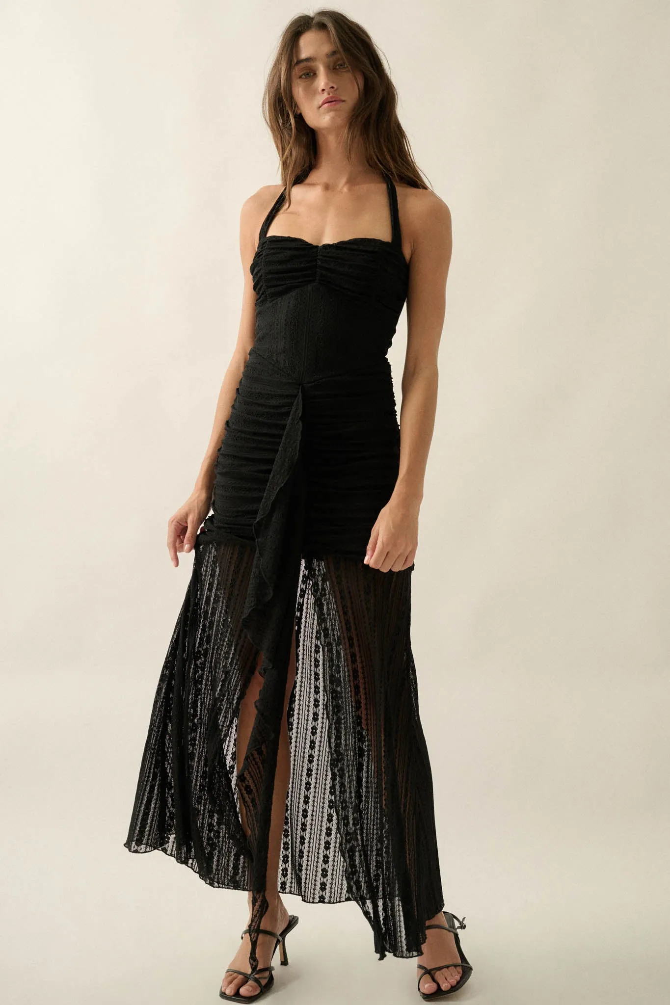 Beyond Beautiful Floral Lace Ruched Halter Maxi Dress sold by Promesa product image thumbnail 3