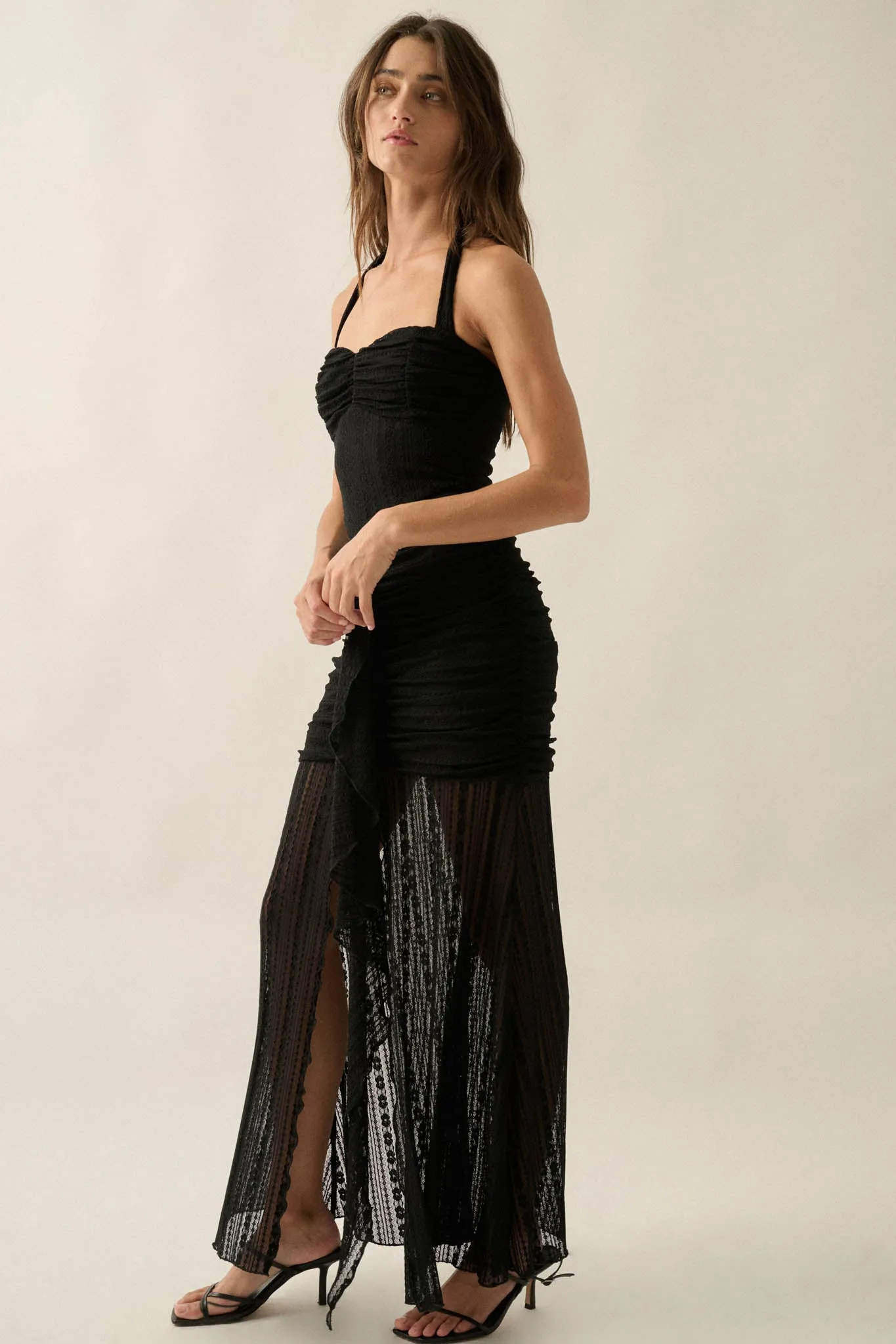 Beyond Beautiful Floral Lace Ruched Halter Maxi Dress sold by Promesa product image thumbnail 5