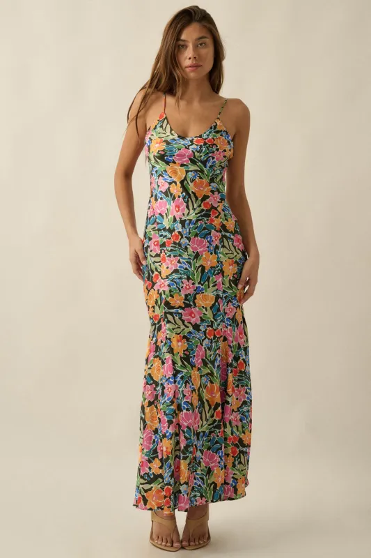 Brightly Blooming Floral Satin Cami Maxi Dress made by Promesa